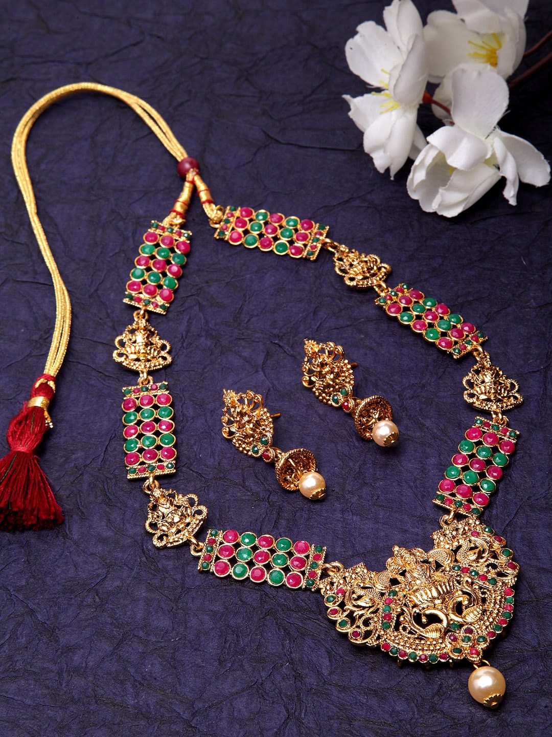 

Shining Diva Gold-Plated & Red Stone-Studded Beaded Antique Jewellery Set