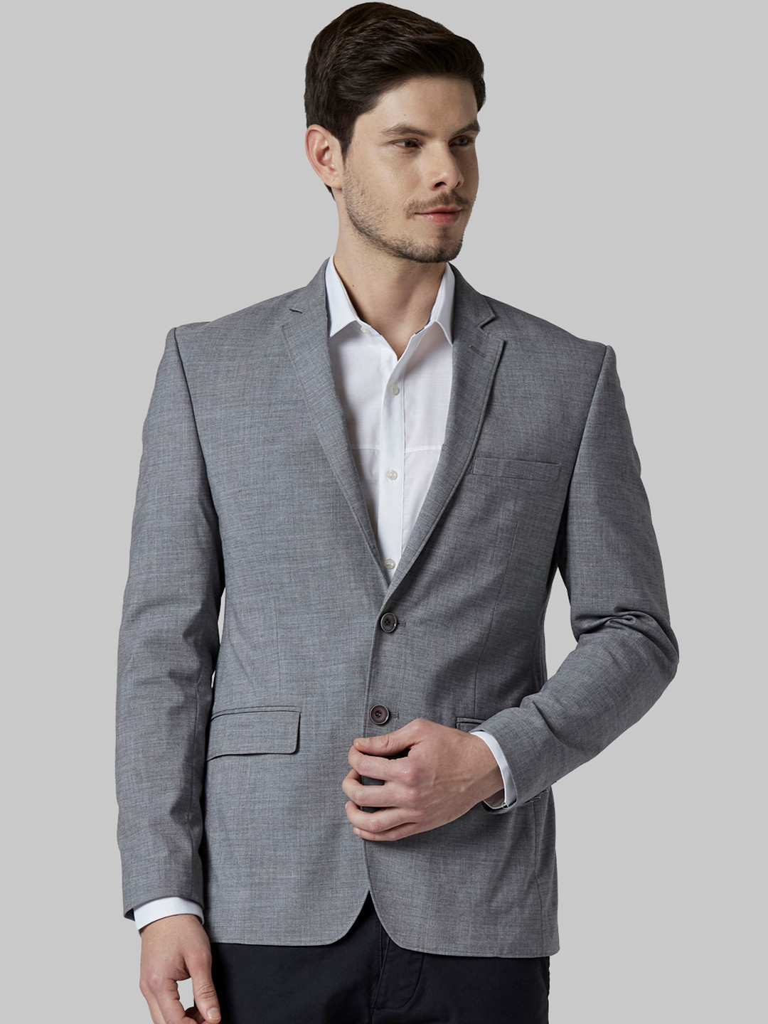 

Park Avenue Men Grey Solid Super Slim-Fit Single-Breasted Formal Blazer