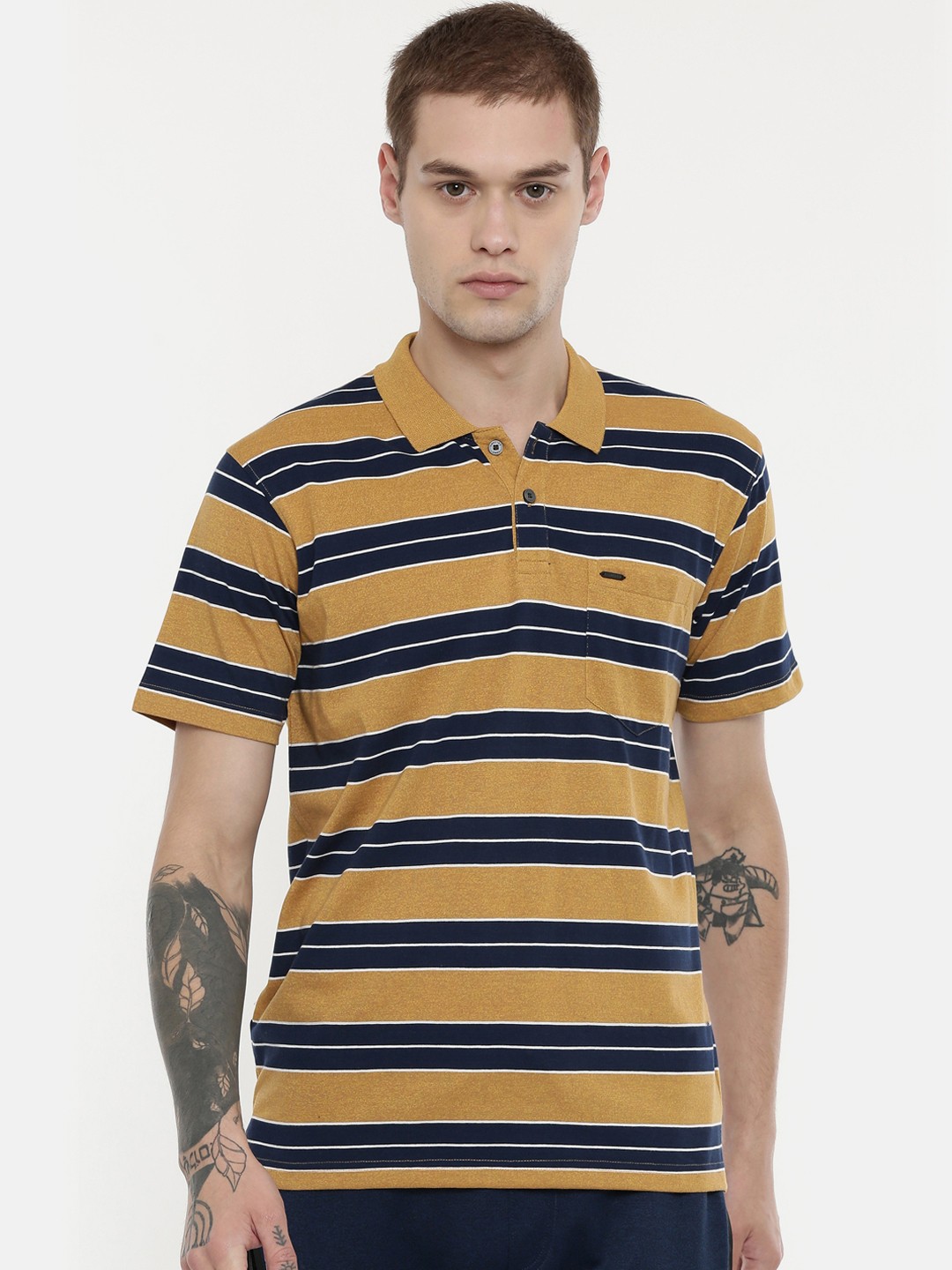 

Proline Men Mustard Yellow & Navy Blue Striped Polo Collar T-shirt