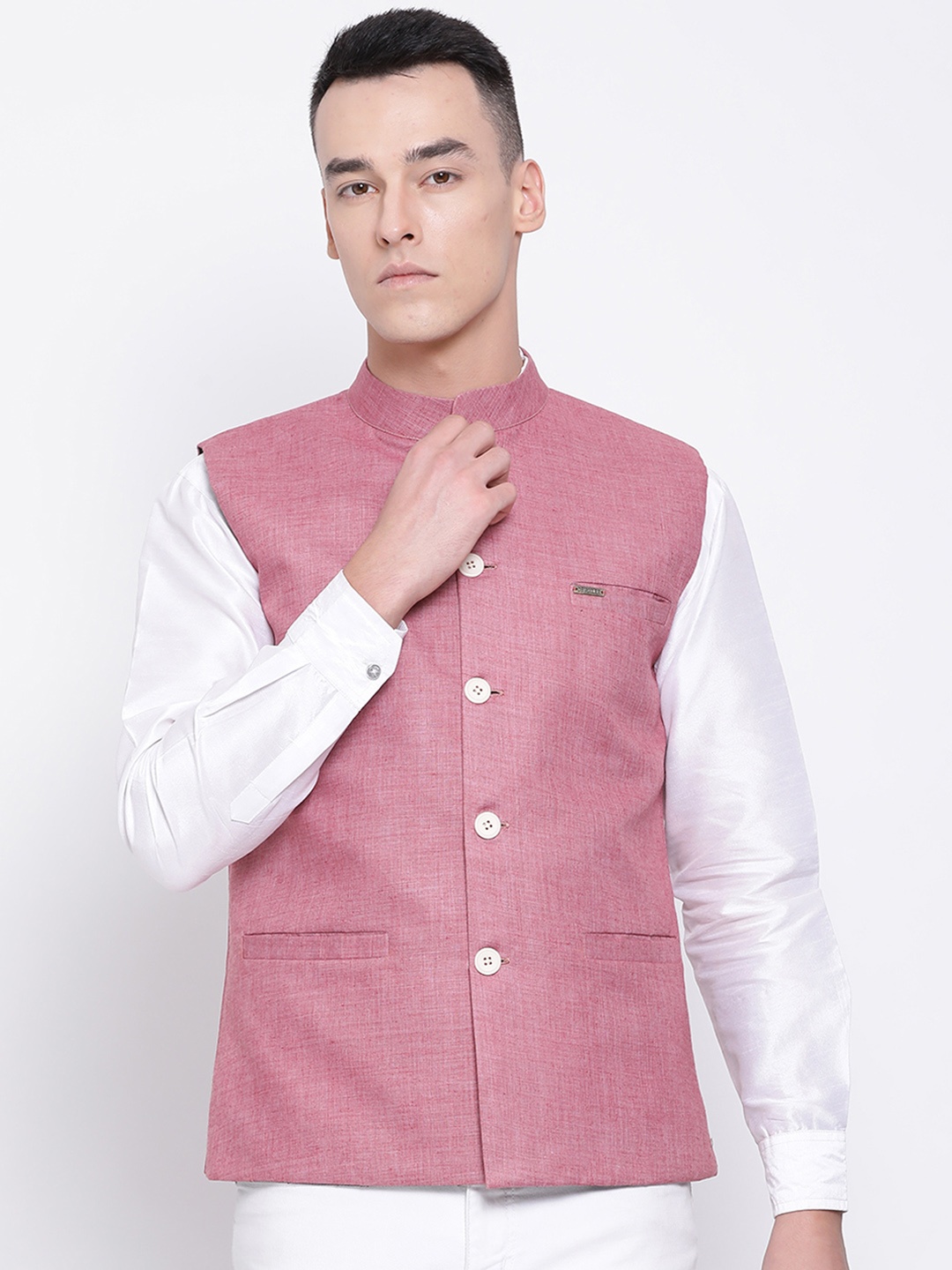 

DEVOILER Men Pink Solid Woven Pure Cotton Nehru Jacket