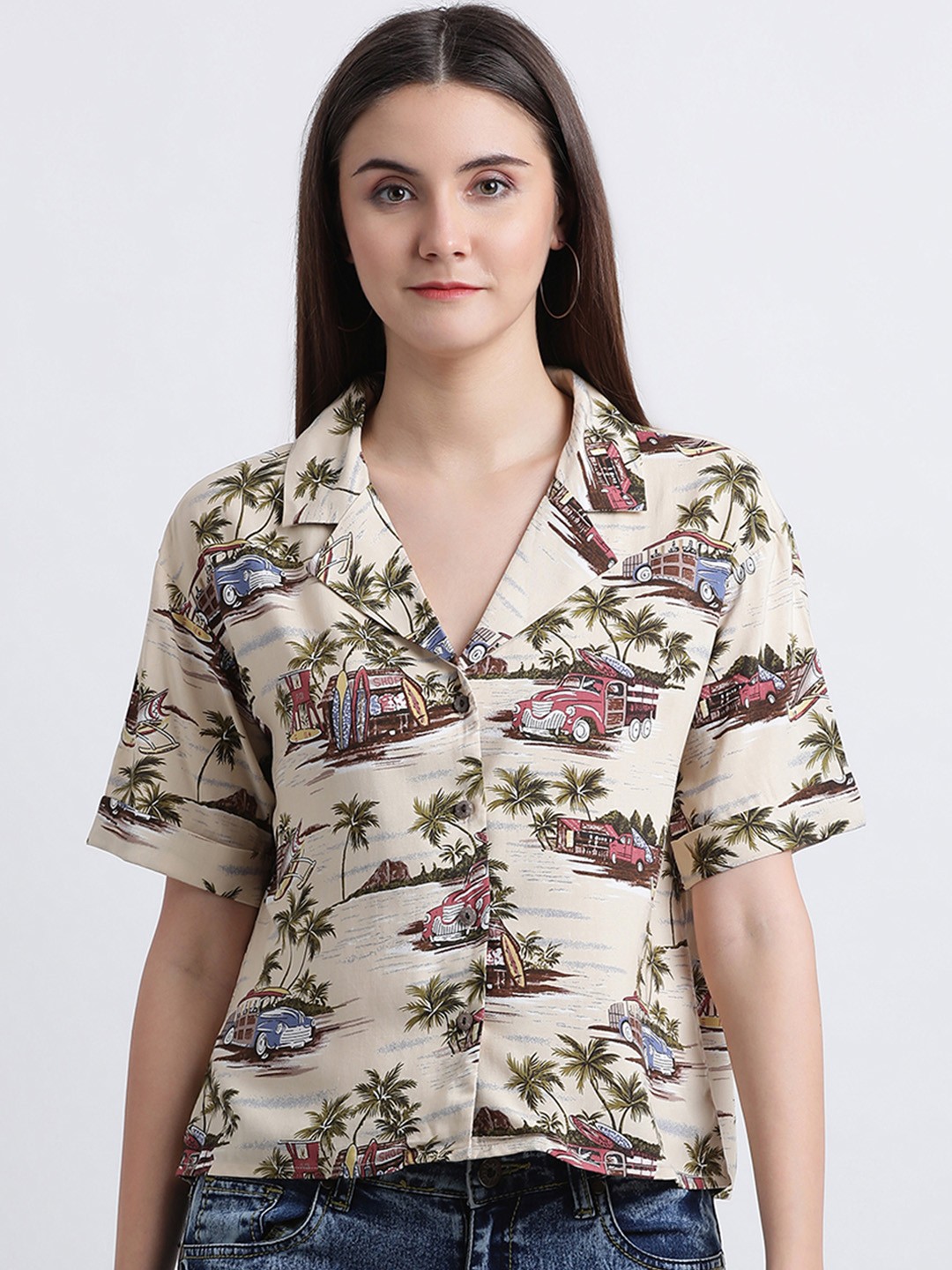 

Zink London Women Beige Printed Shirt Style Top