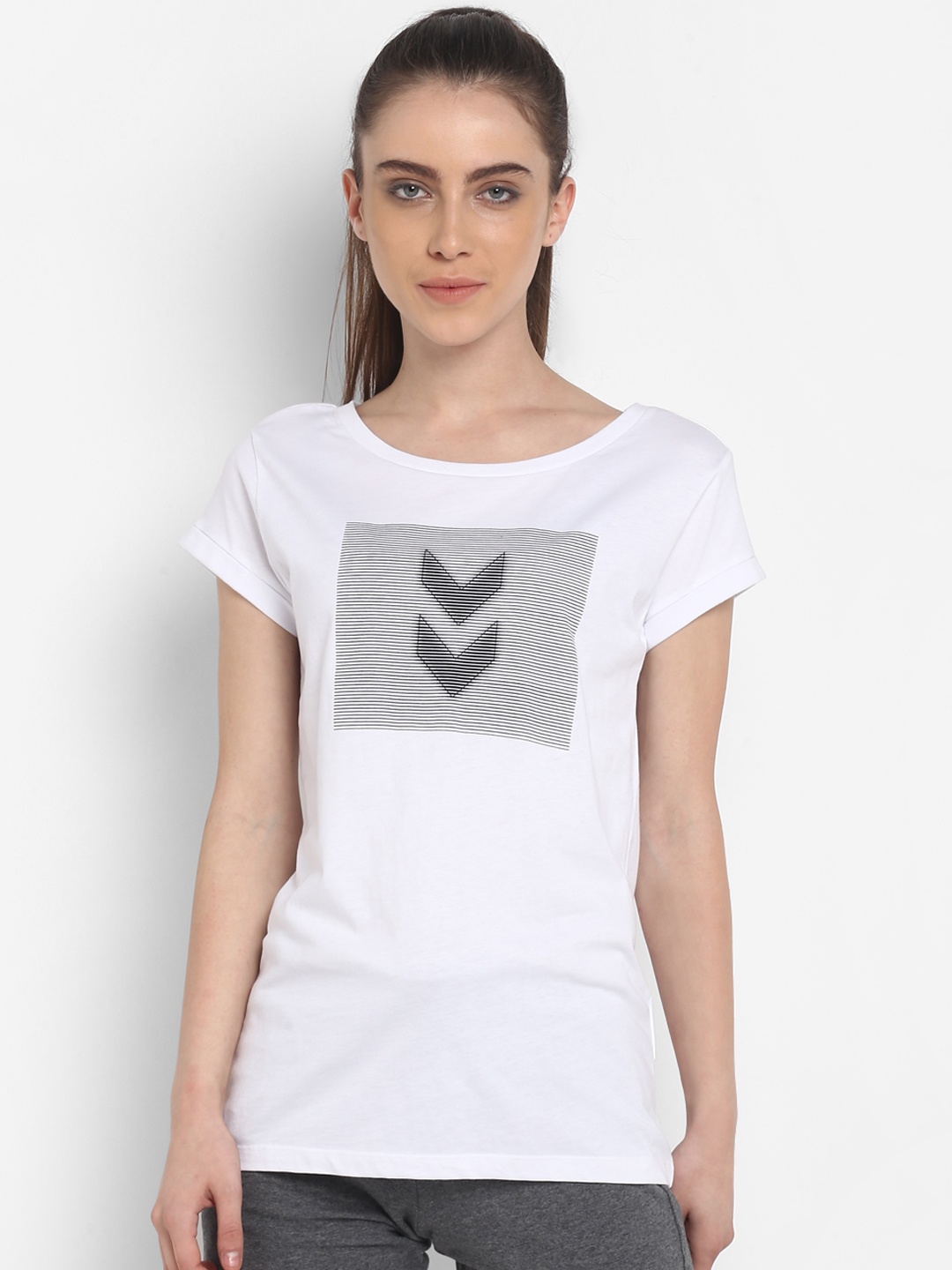 

hummel Women White Striped Round Neck T-shirt
