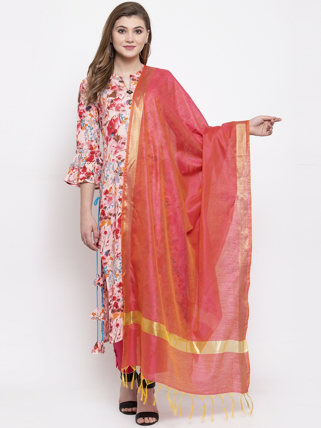 

Indibelle Women Pink & Red Printed Kurta with Trousers & Dupatta