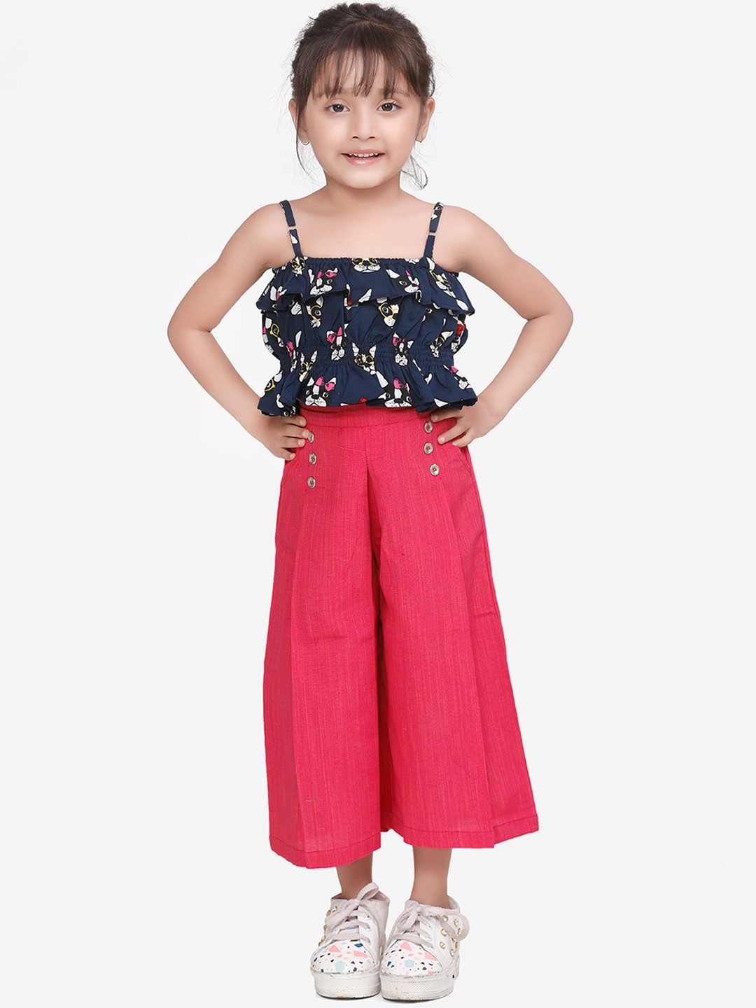 

LilPicks Girls Navy Blue & Pink Printed Top with Palazzos