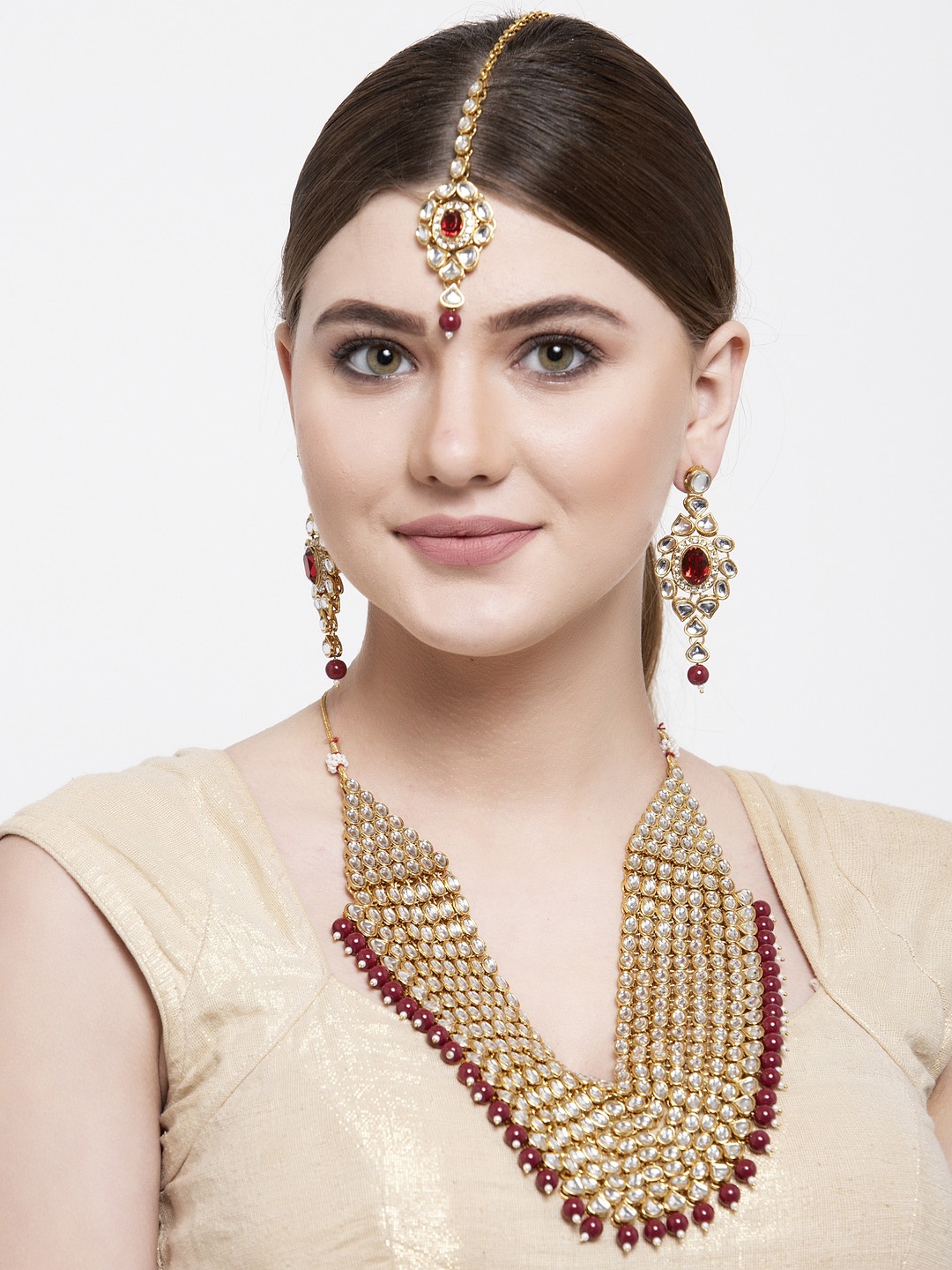 

Shining Diva Gold-Plated Maroon & White Kundan Studded Beaded Jewellery Set