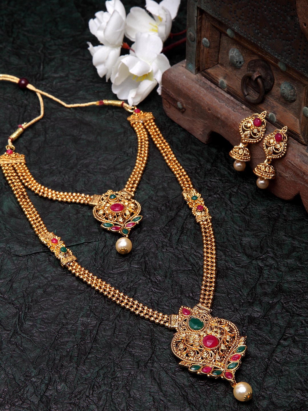 

Shining Diva Gold-Plated Red & Green Stone-Studded Antique Layered Jewellery Set