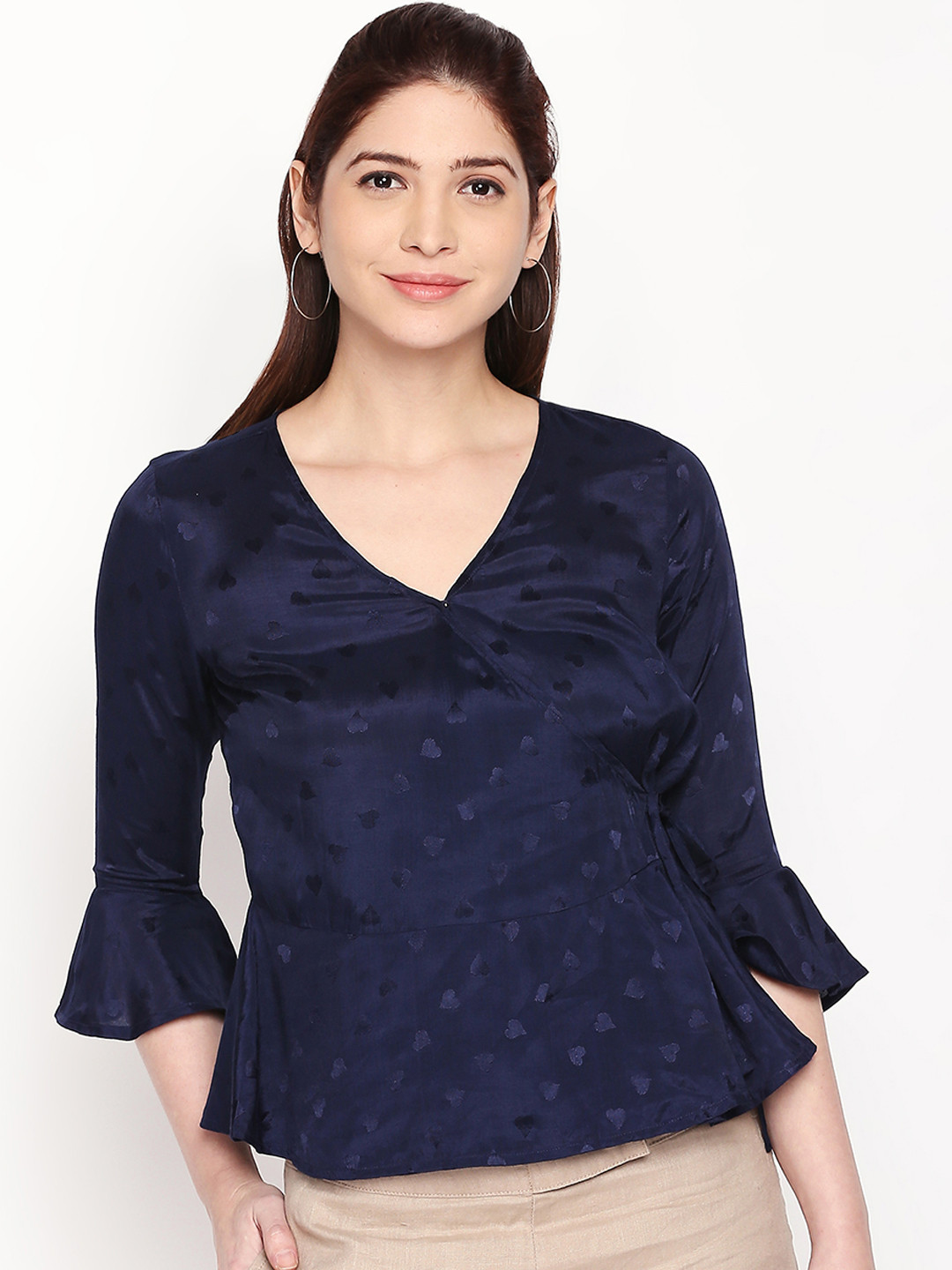 

Forever Glam by Pantaloons Women Navy Blue Self Design Wrap Top