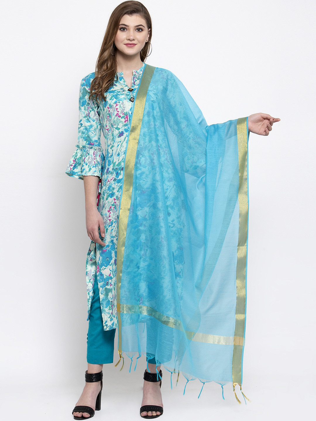 

Indibelle Women Turquoise Blue Printed Kurta with Trousers & Dupatta