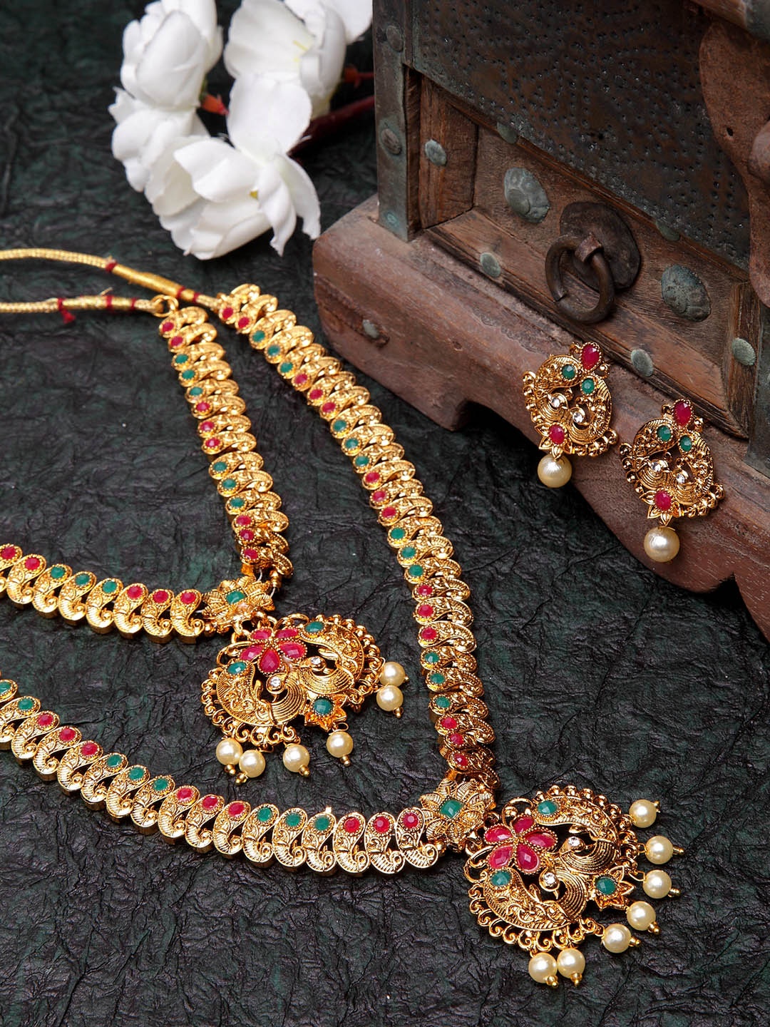 

Shining Diva Gold-Plated Red & Green Stone Studded Pearl Embellished Antique Jewellery Set