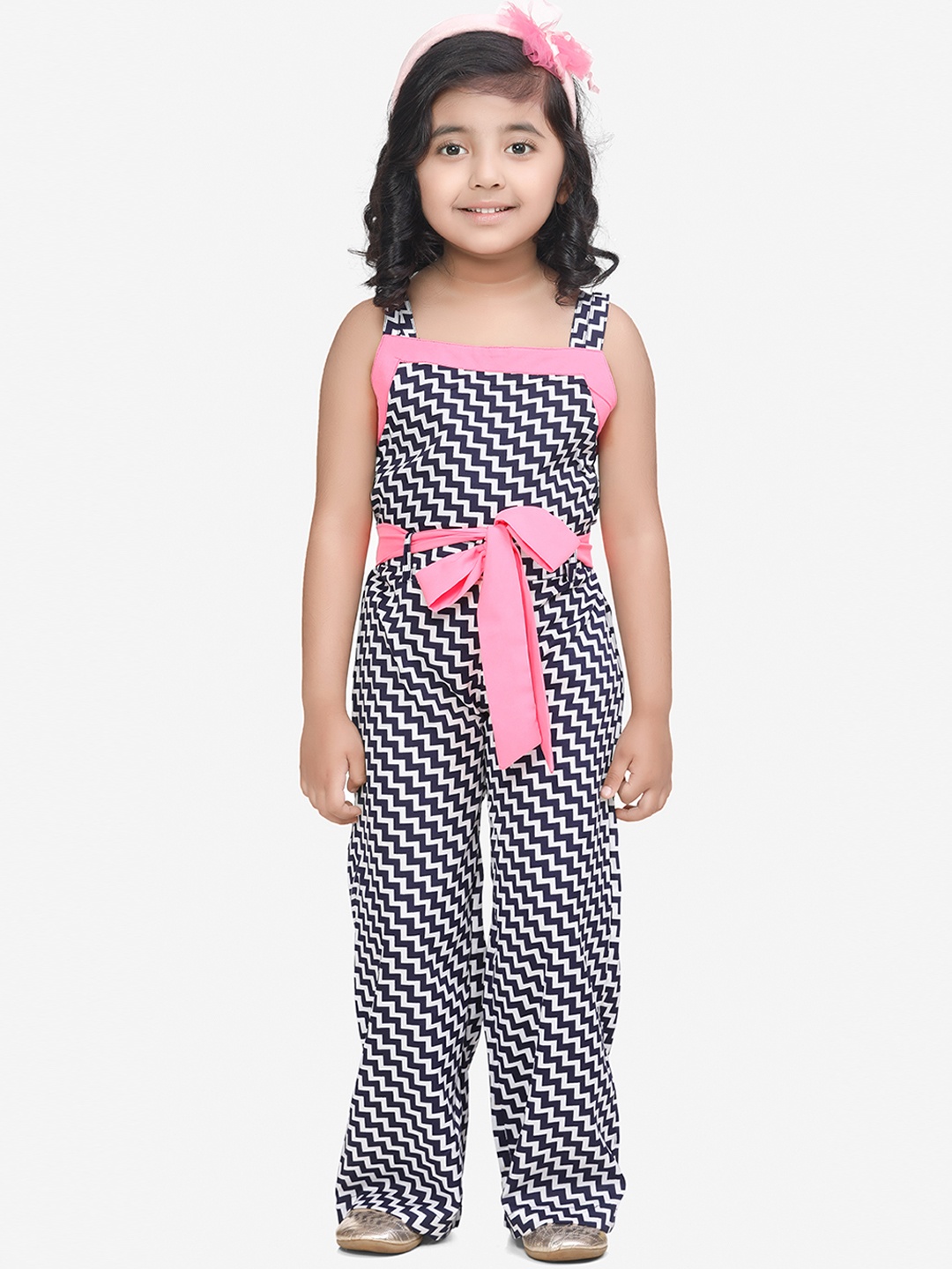 

LilPicks Girls Navy & White Printed Basic Jumpsuit, Navy blue