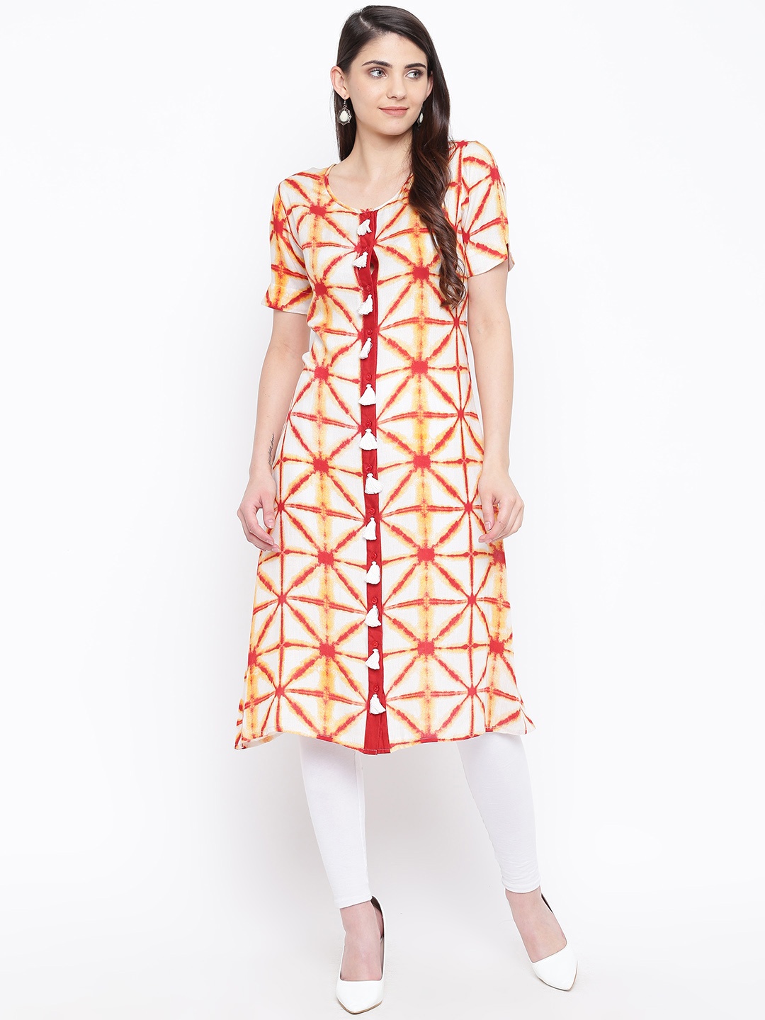 

DODO & MOA Women Off-White & Orange Printed A-Line Kurta