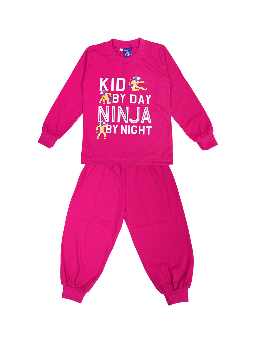 

SWEET ANGEL Girls Pink & White Printed Night Suit