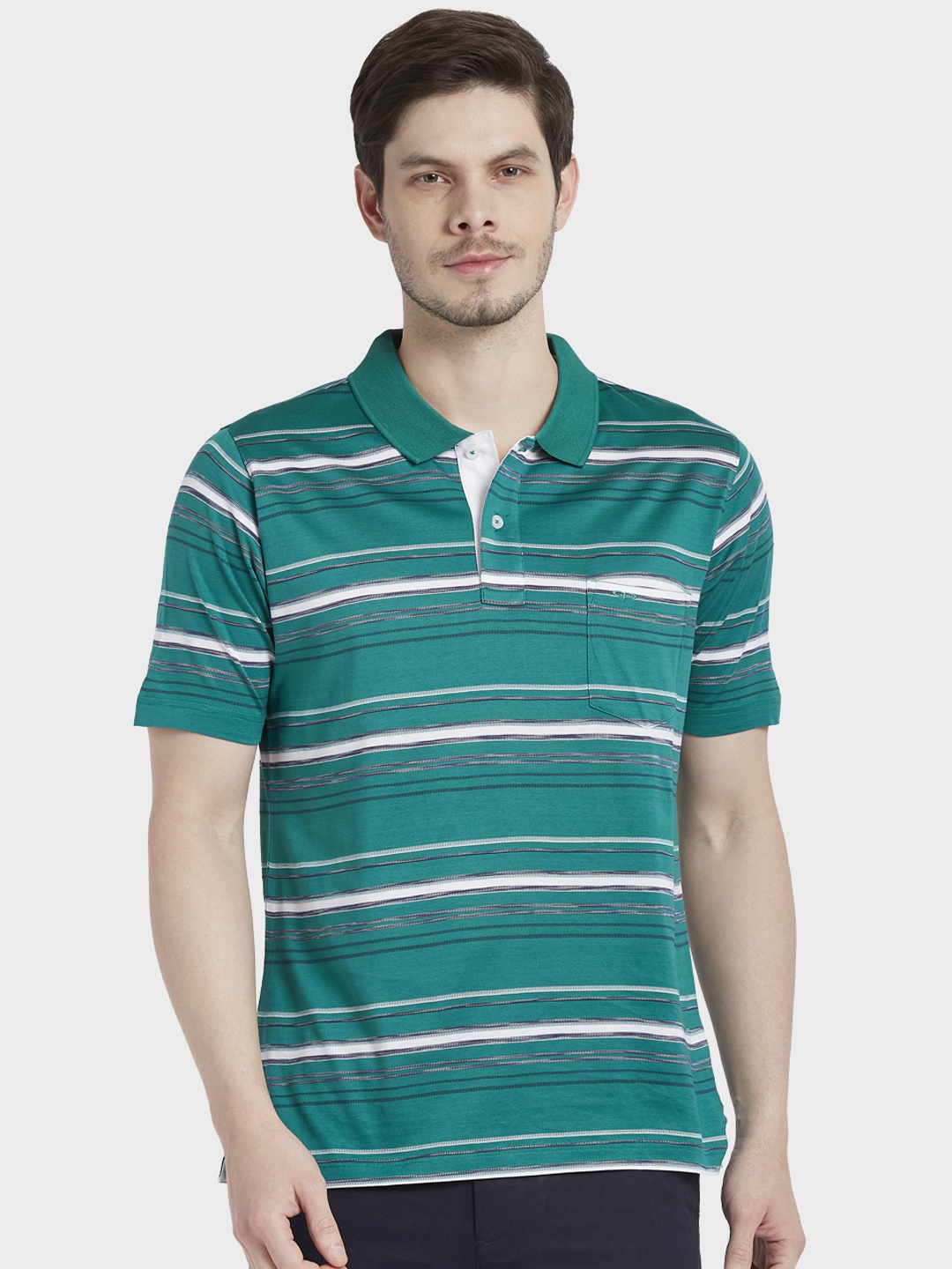 

ColorPlus Men Green & White Striped Polo Collar T-shirt