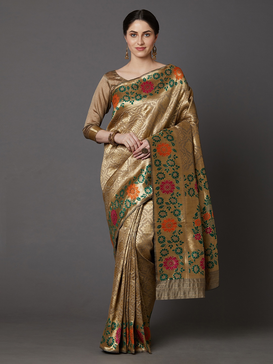 

Mitera Beige & Gold-Toned Silk Blend Woven Design Banarasi Saree