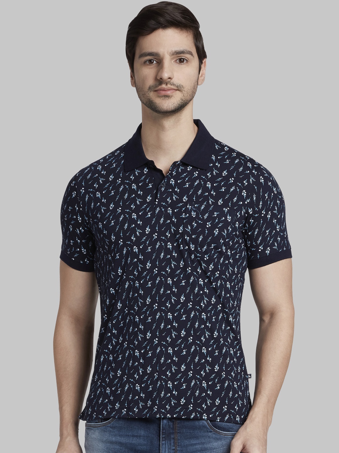 

Parx Men Blue Printed Polo Collar T-shirt, Navy blue