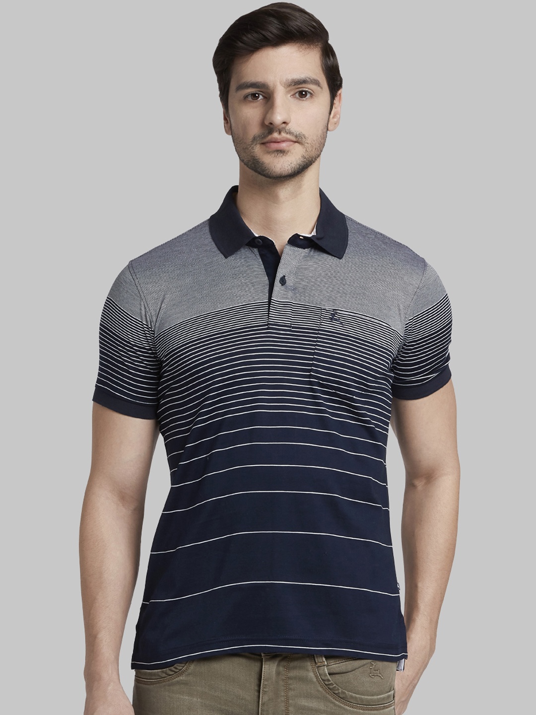 

Parx Men Blue & Grey Striped Polo Collar T-shirt