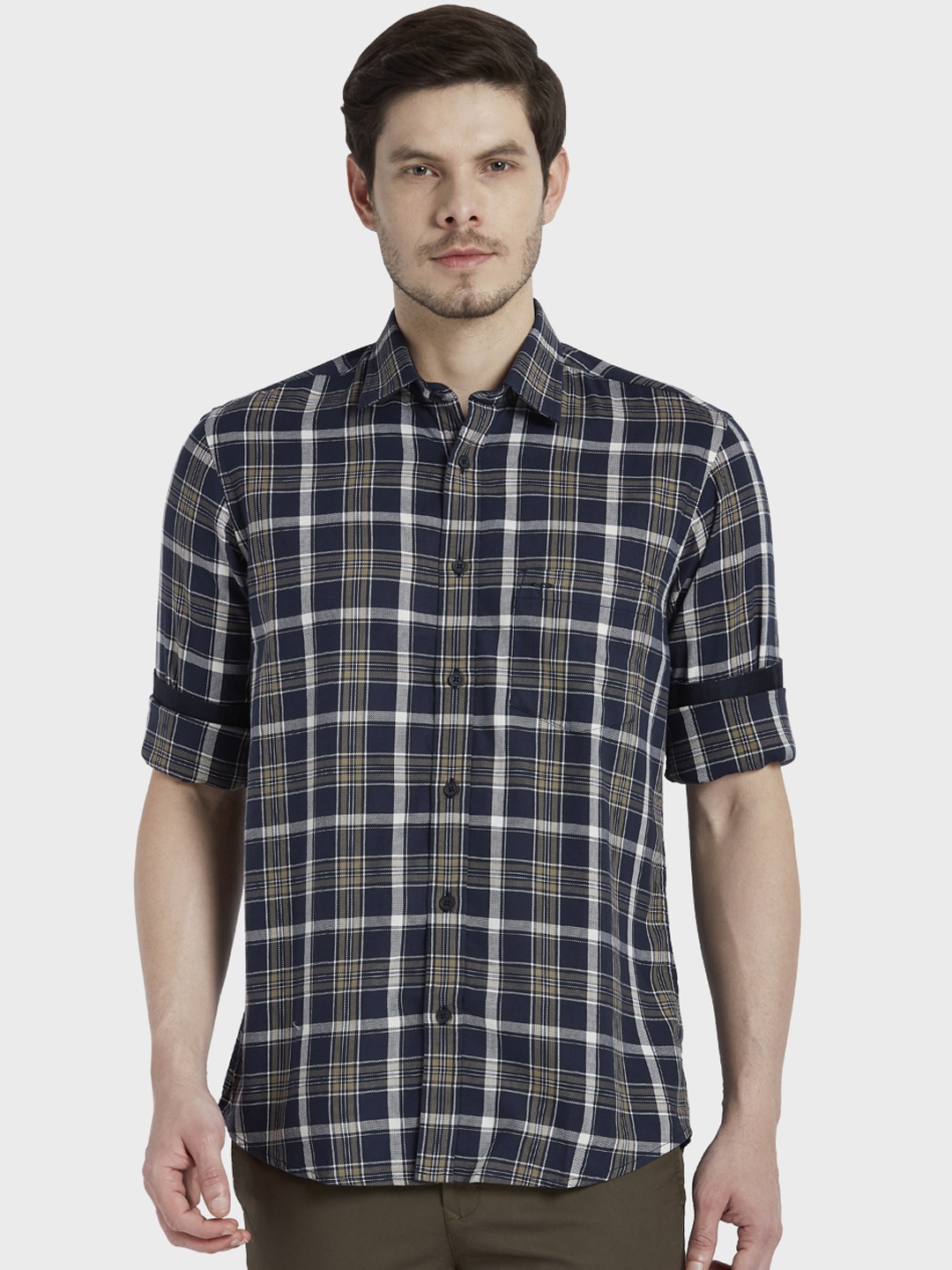 

ColorPlus Men Beige & Blue Tailored Fit Checked Casual Shirt