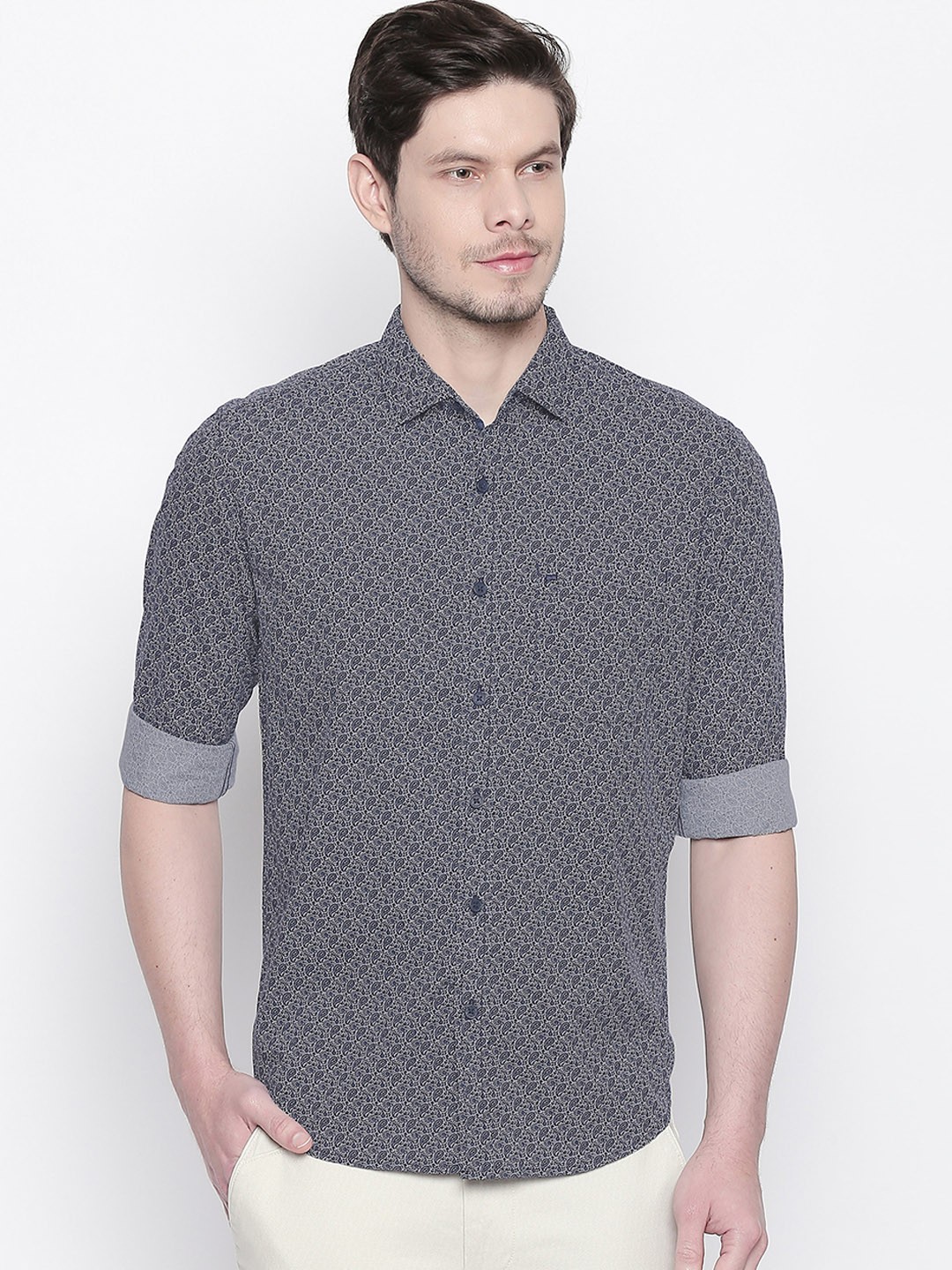 

Basics Men Navy Blue Slim Fit Printed Casual Shirt