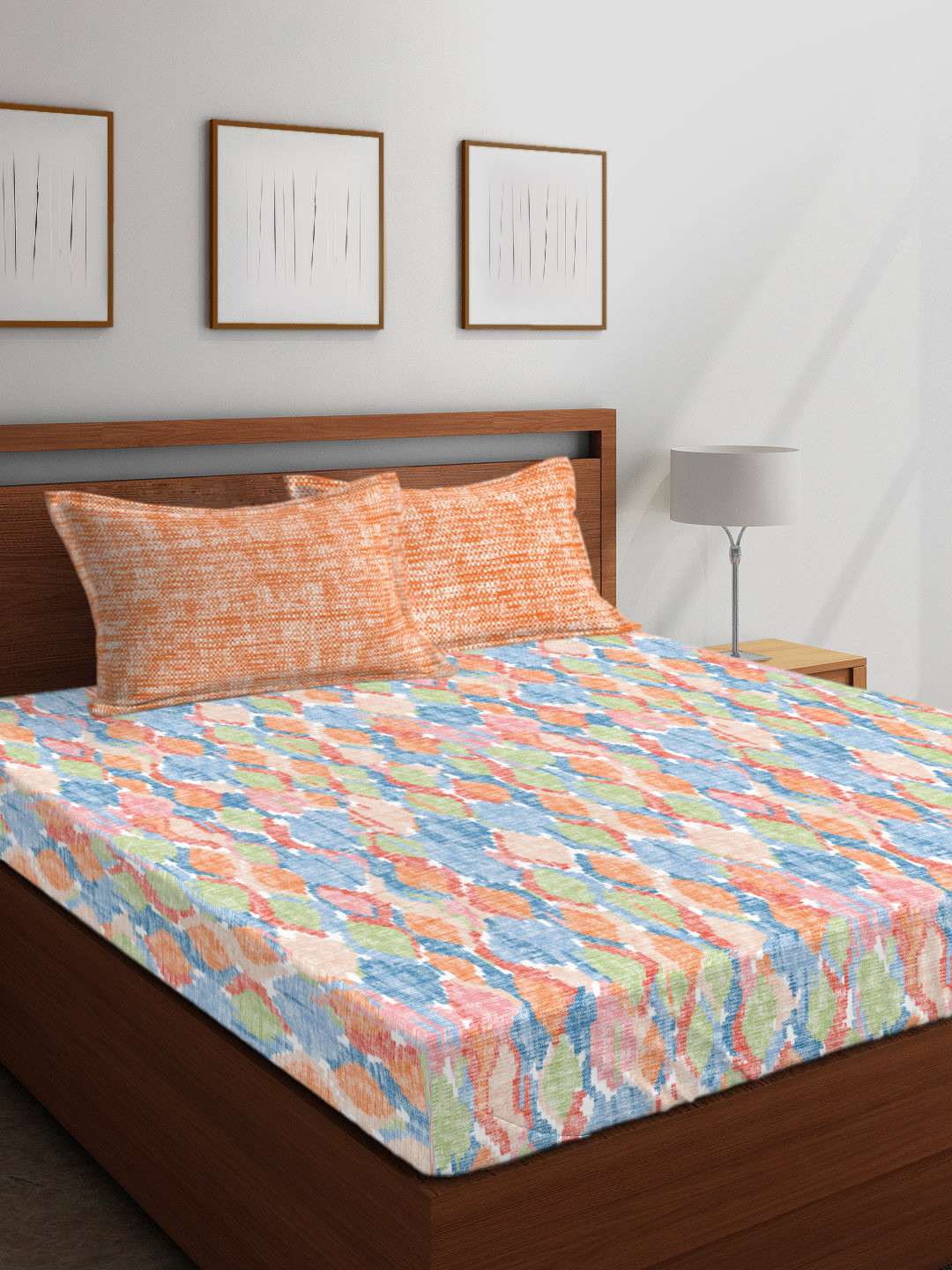 

Boutique Living India Orange & Blue Abstract 144 TC Cotton 1 Queen Bedsheet with 2 Pillow Covers