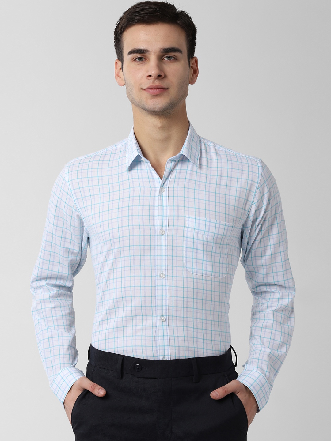 

Peter England Men White & Blue Checked Formal Shirt