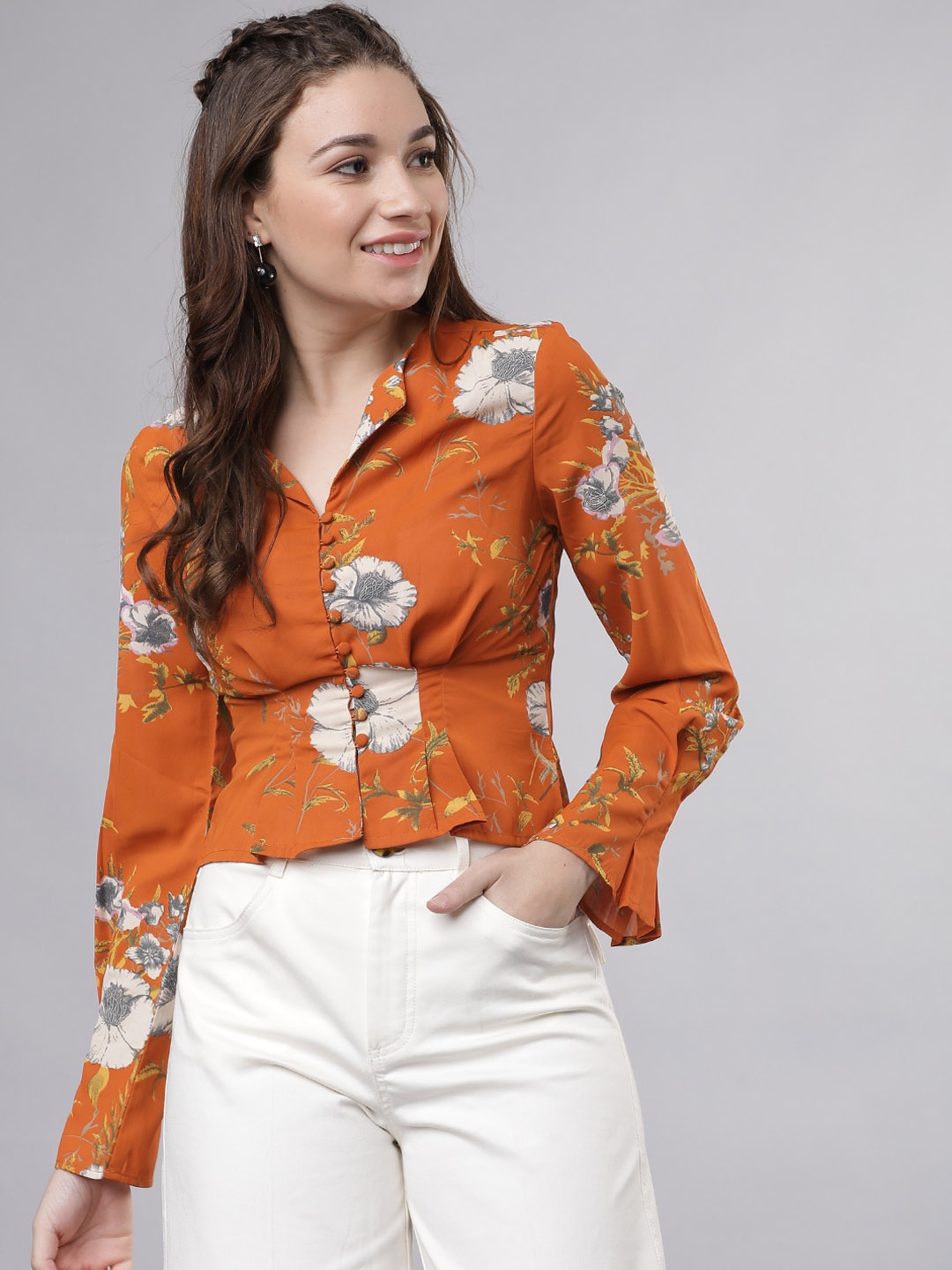 

Tokyo Talkies Women Orange Printed Blouson Top