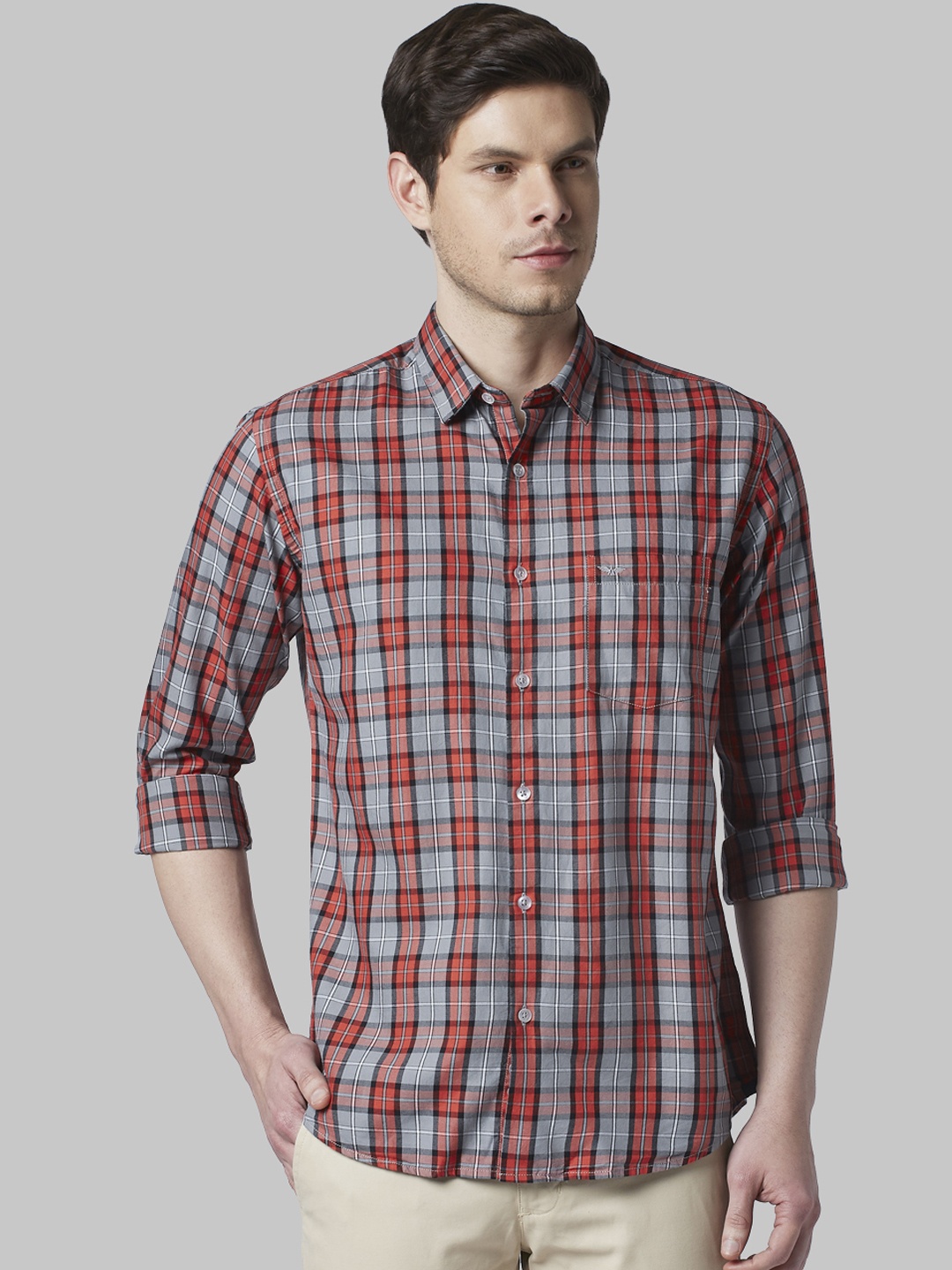 

Park Avenue Men Red & Grey Slim Fit Checked Casual Shirt