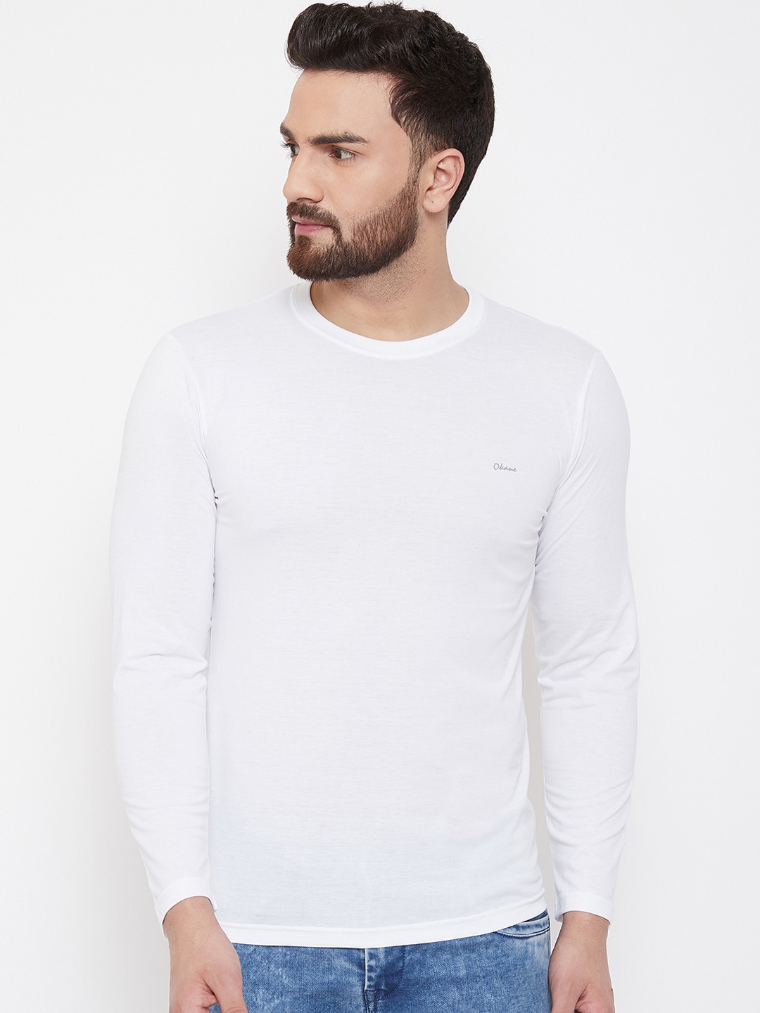 

Okane Men White Solid Round Neck T-shirt