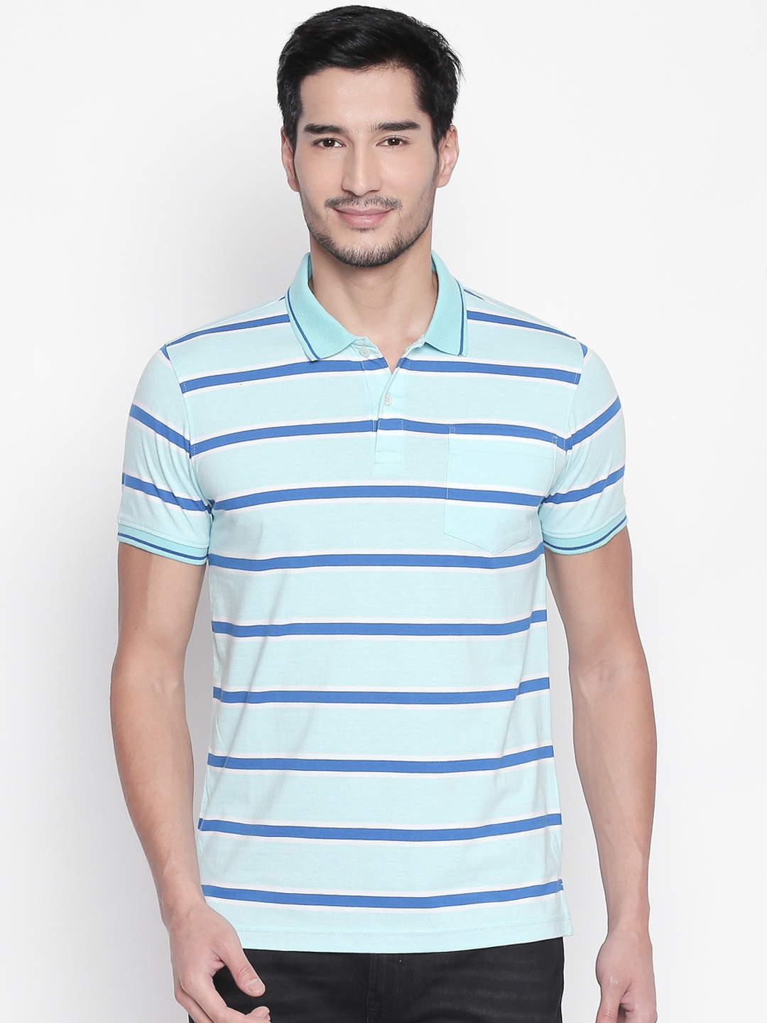 

BYFORD by Pantaloons Men Green Striped Polo Collar Slim Fit T-shirt