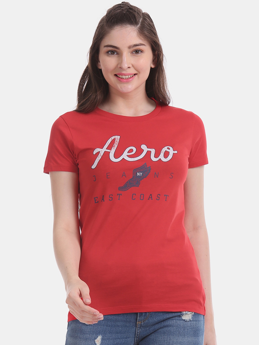 

Aeropostale Women Red Printed Round Neck Slim Fit T-shirt