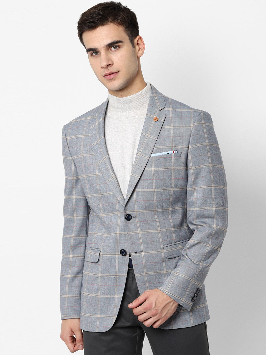 

Allen Solly Men Grey Checked Slim-Fit Single-Breasted Casual Blazer