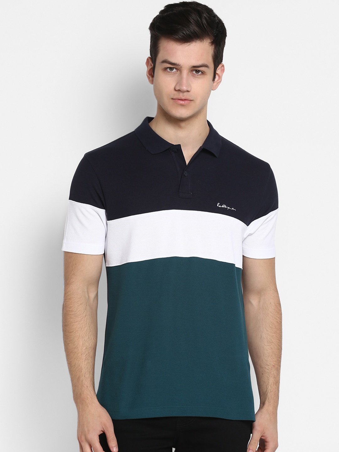 

Red Tape Men Teal Green & White Colourblocked Polo Collar T-shirt