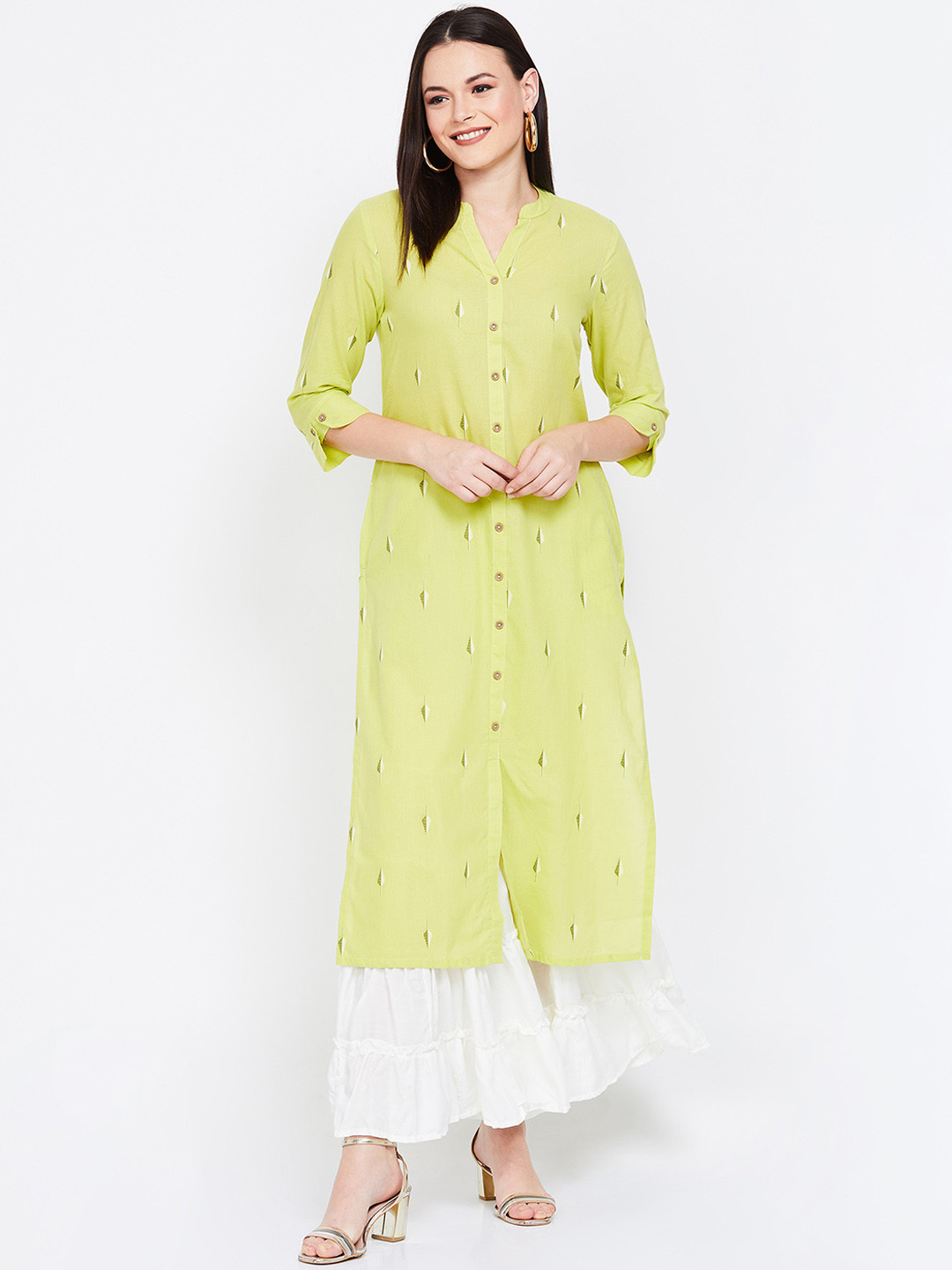 

Melange by Lifestyle Women Lime Green & White Printed Straight Kurta
