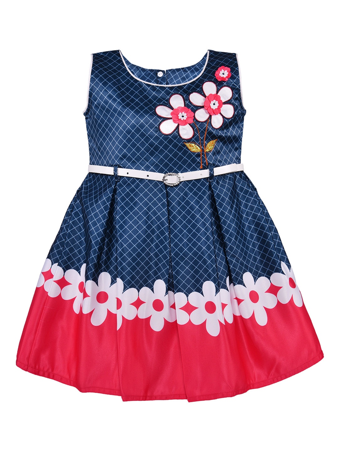 

Wish Karo Girls Navy Blue & Red Checked Silk Satin Fit and Flare Dress