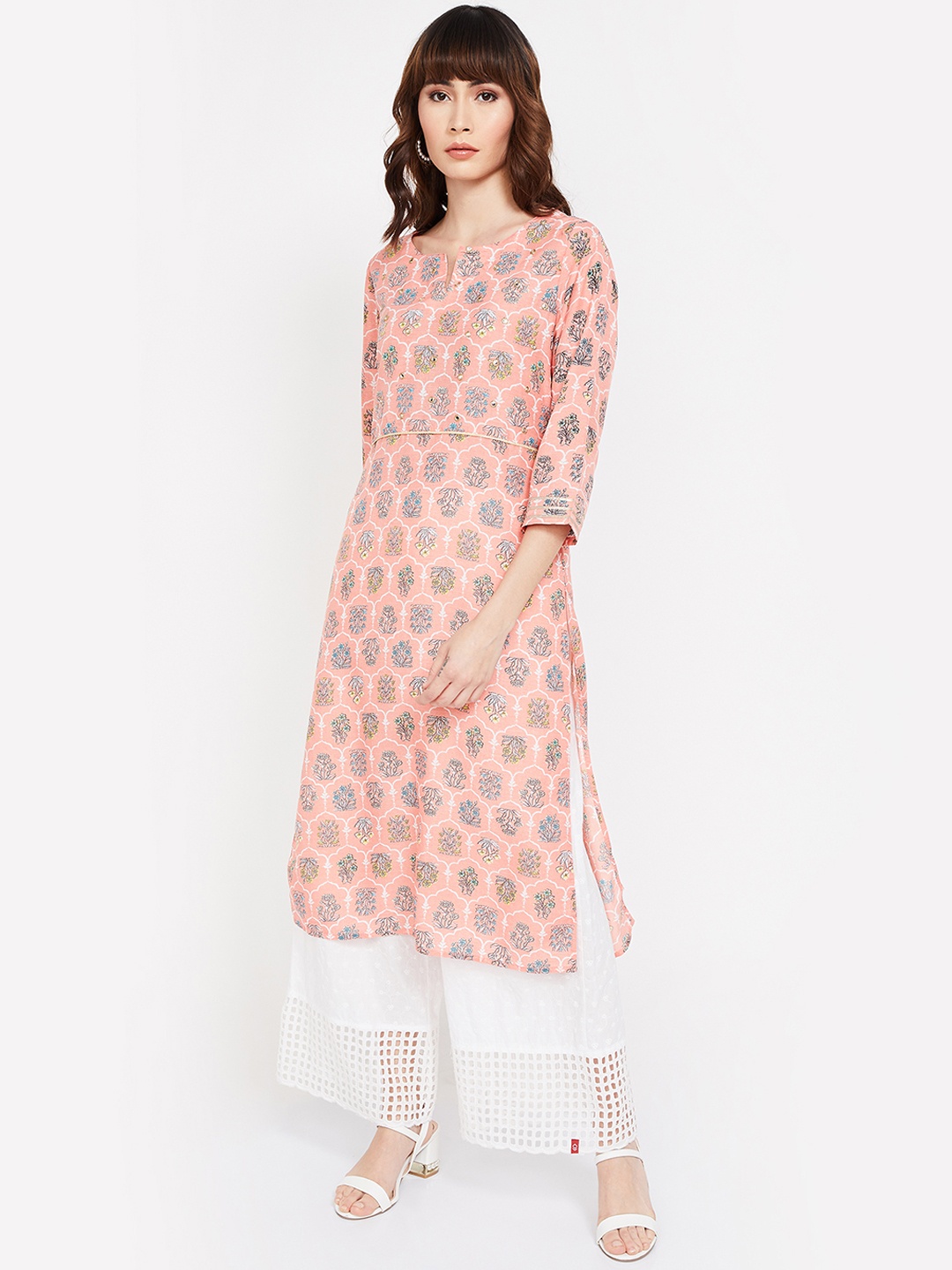 

Melange by Lifestyle Women Peach-Coloured & White Printed Straight Kurta