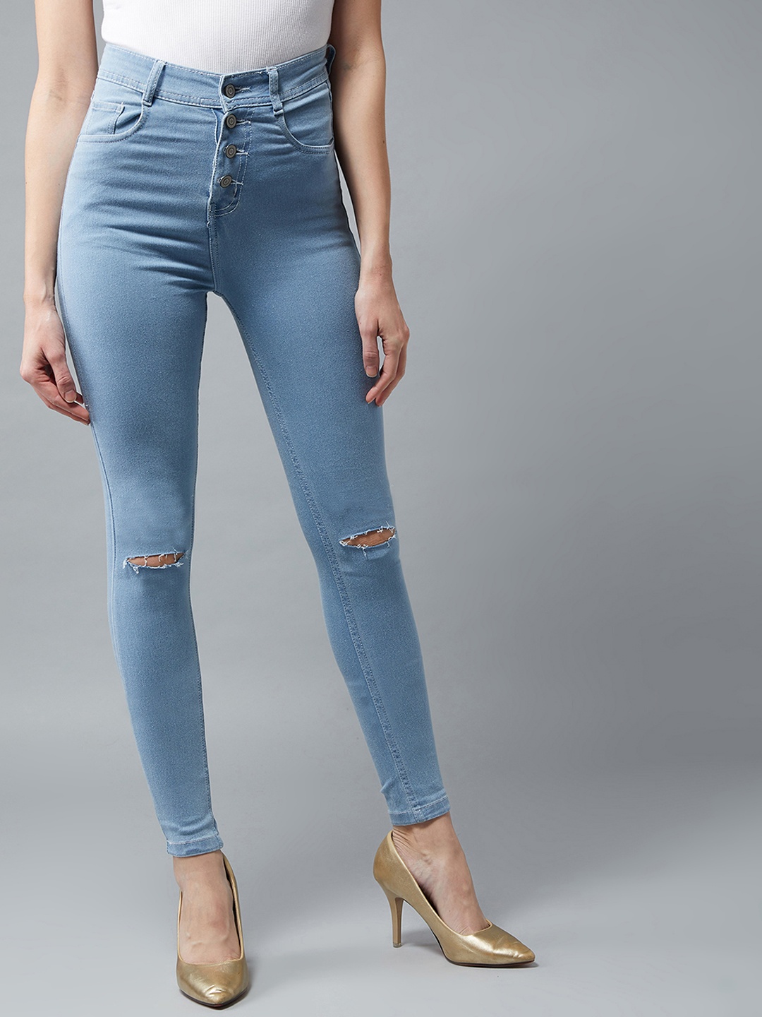 

DOLCE CRUDO Women Blue Skinny Fit High-Rise Slash Knee Stretchable Jeans