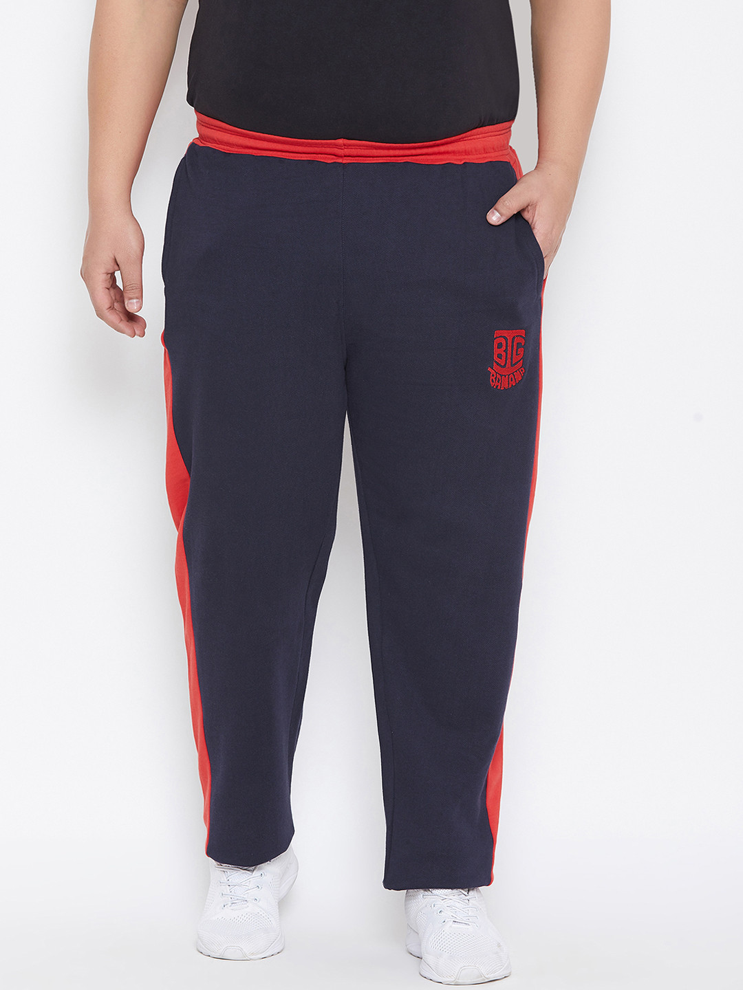 

bigbanana Plus Size Men Navy Blue Orange Colourblocked Straight-Fit Antimicrobial Track Pants