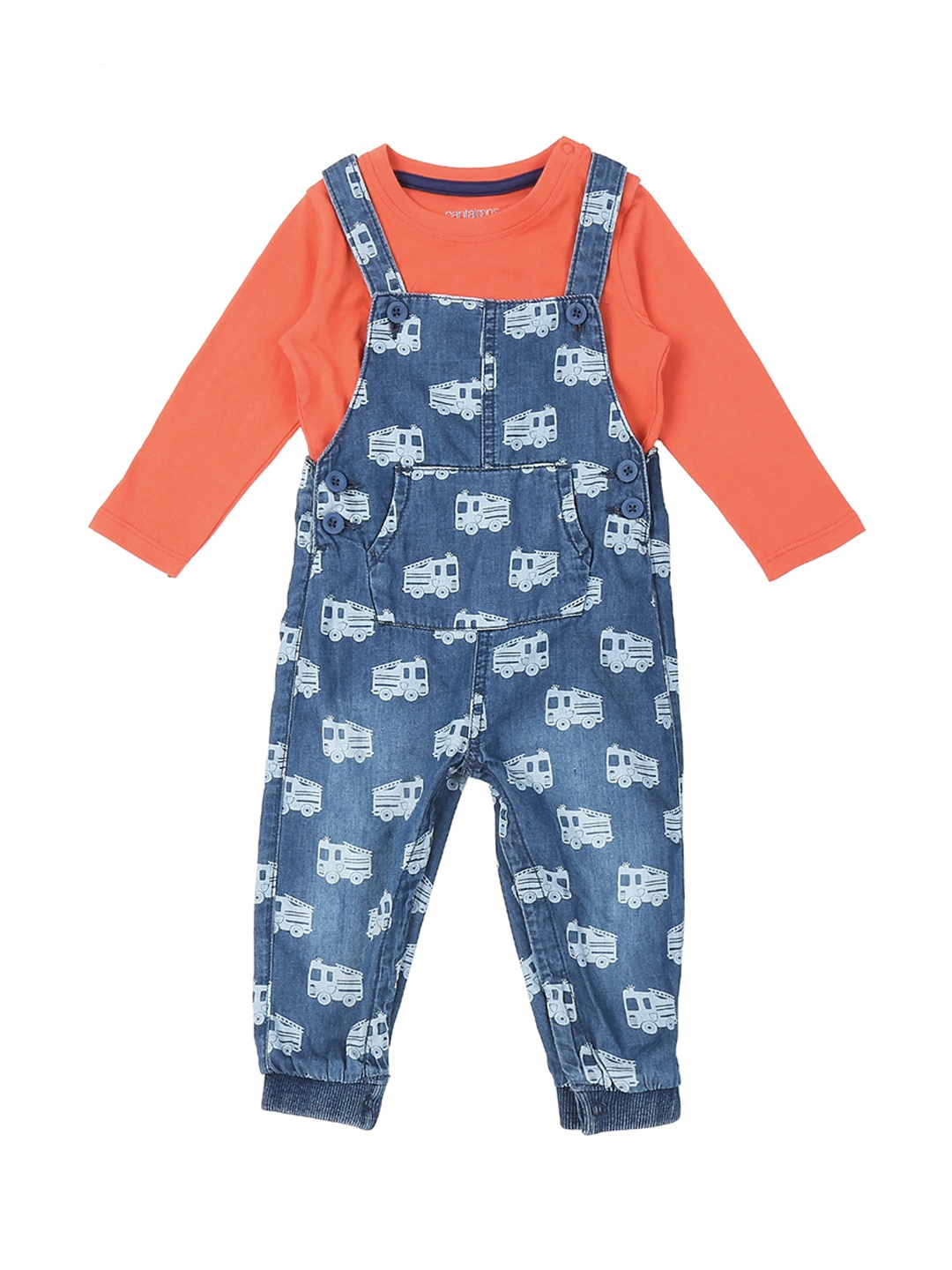 

Pantaloons Baby Boys Blue & Orange Solid T-shirt with Dungaree