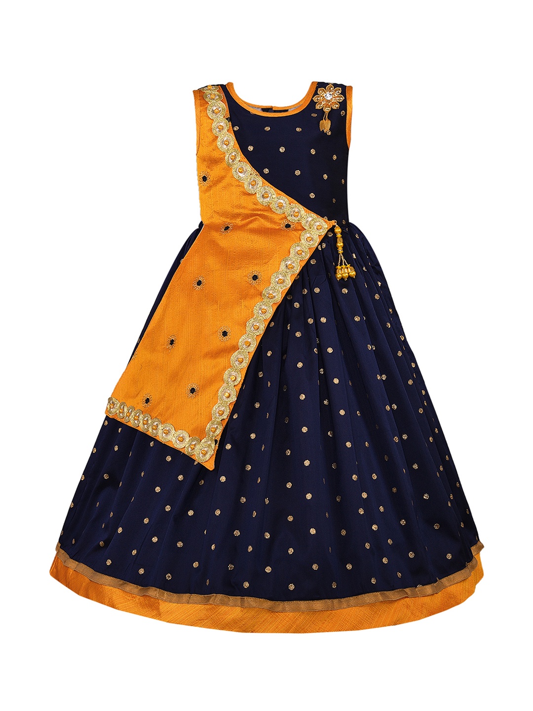 

Wish Karo Girls Orange & Navy Blue Printed Satin Maxi Dress