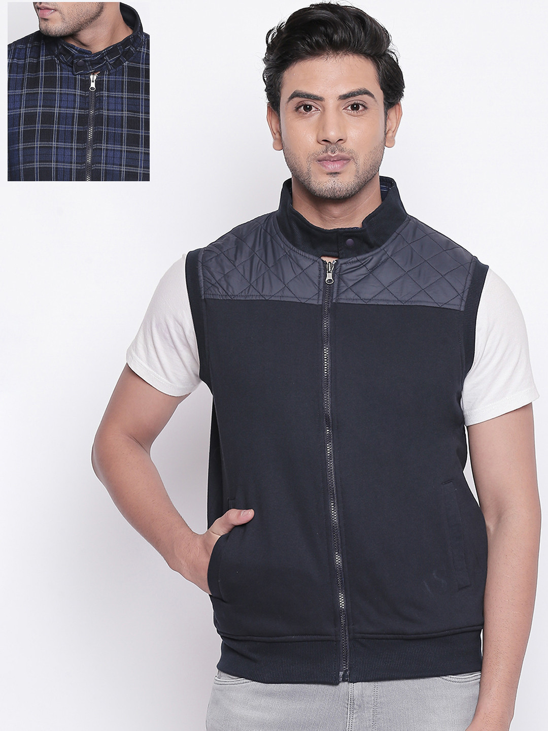 

Integriti Men Navy Blue Checked Reversible Bomber