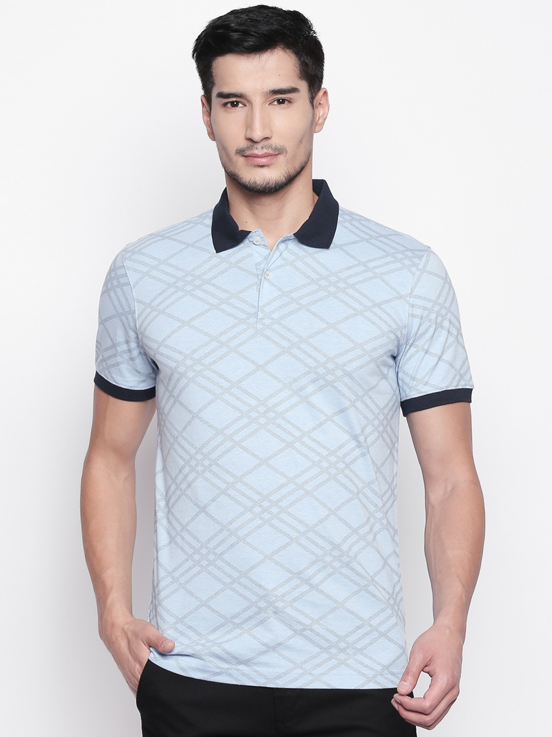 

BYFORD by Pantaloons Men Blue Printed Polo Collar Pure Cotton T-shirt