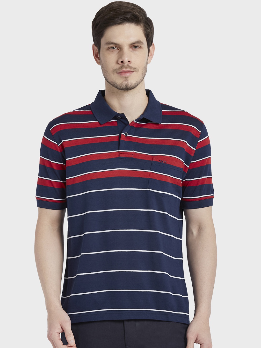 

ColorPlus Men Navy Blue & Red Striped Polo Collar T-shirt