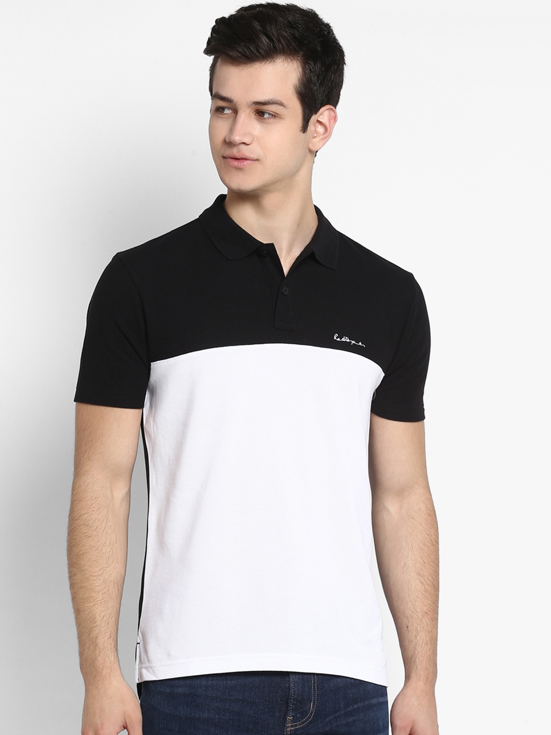 

Red Tape Men White And Black Colourblocked Polo Collar T-shirt