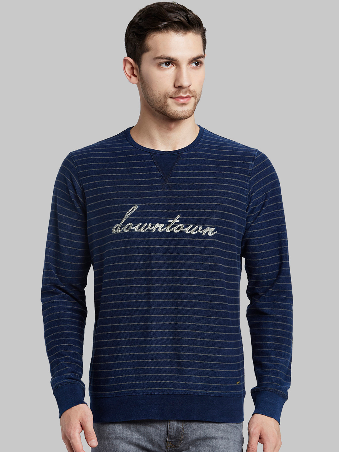 

Parx Men Navy Blue & Grey Striped Sweatshirt