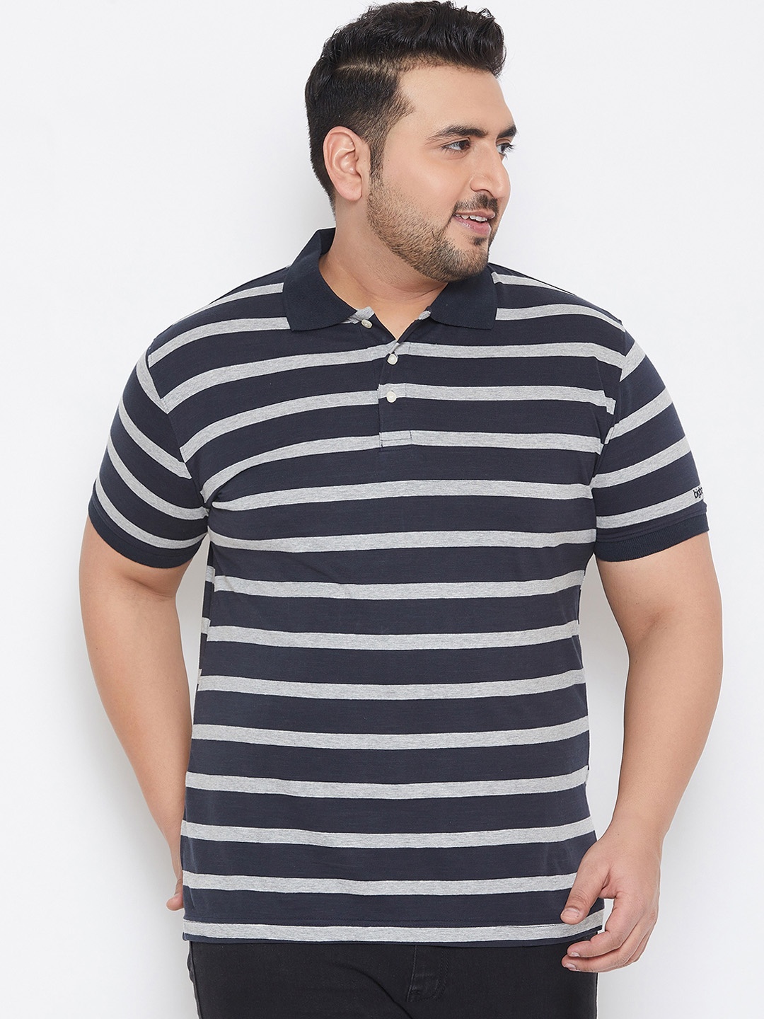

bigbanana Plus Size Men Navy Blue Grey Striped Bio Finish Polo Collar Pure Cotton T-shirt
