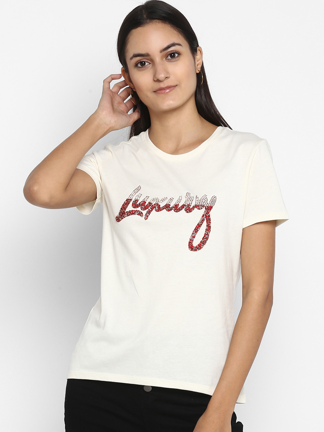 

Mode by Red Tape Women Off-White Printed Round Neck T-shirt