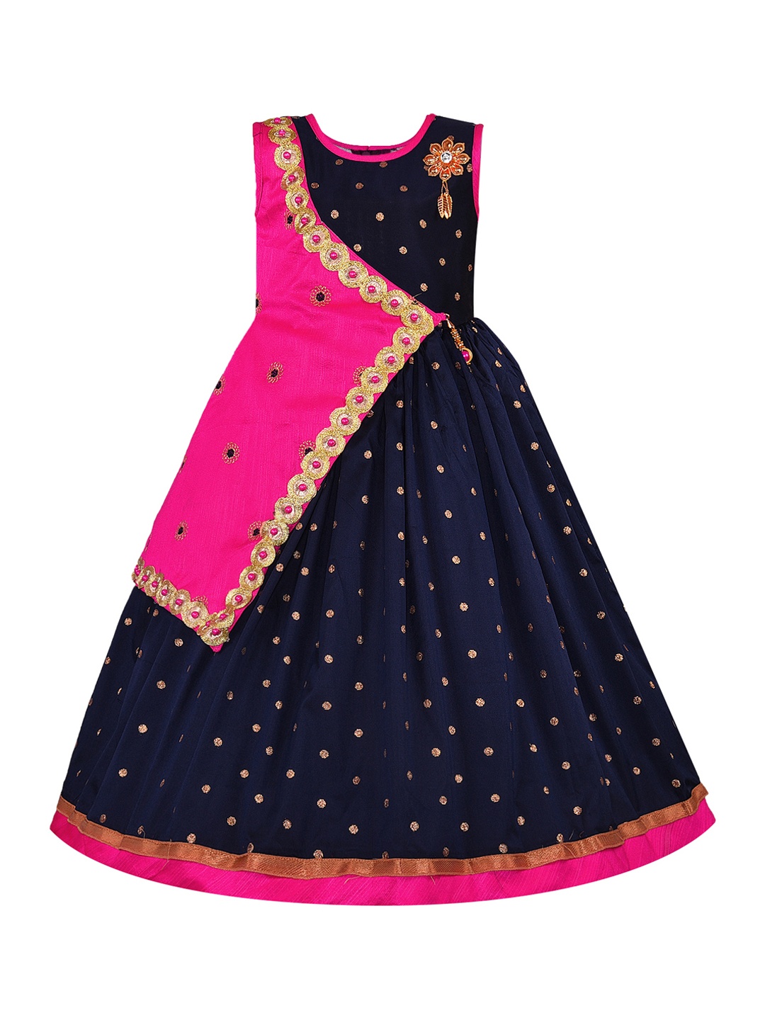 Wish Karo Girls Navy Blue & Pink Printed Maxi Dress