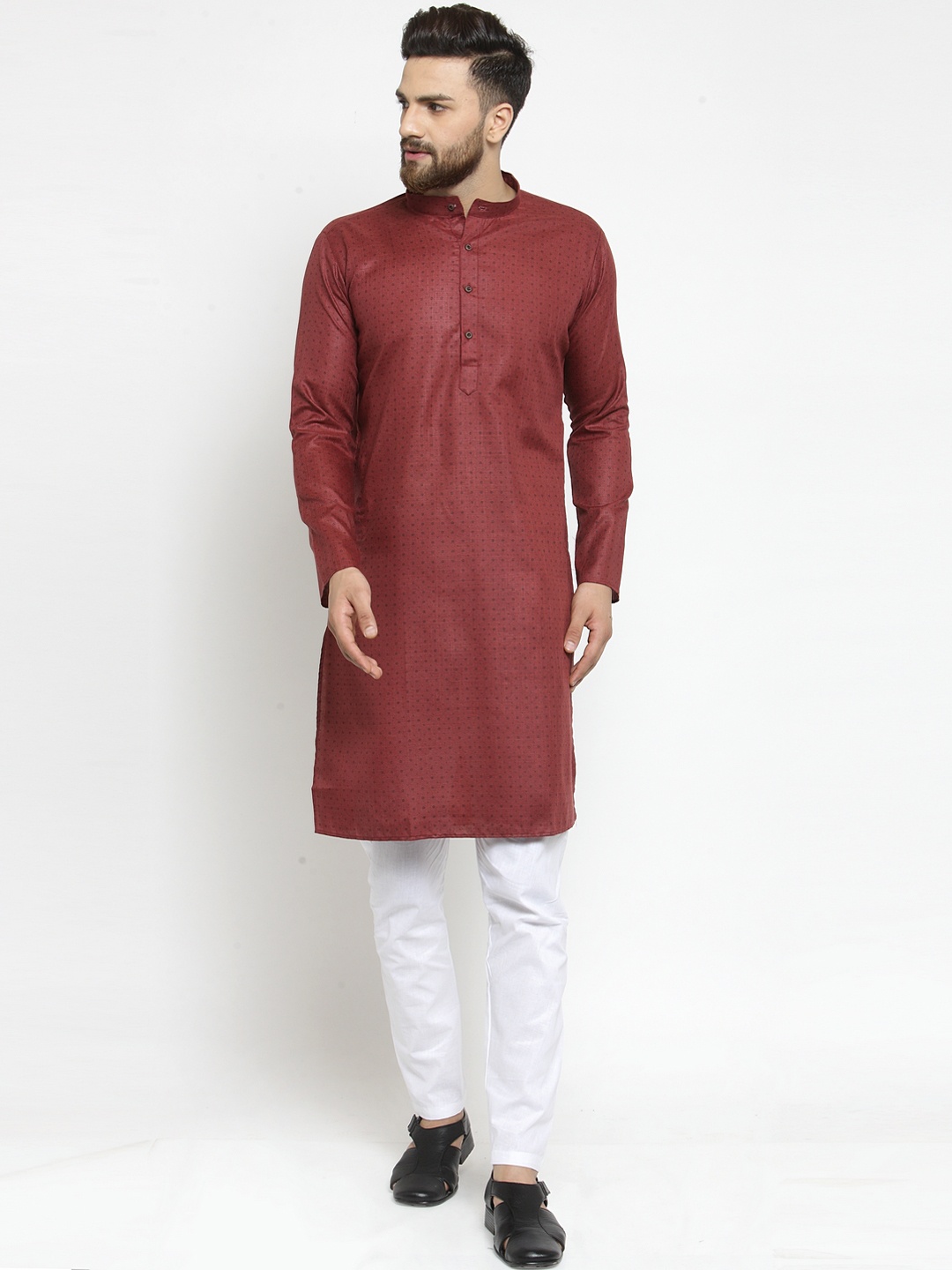 

RG DESIGNERS Men Maroon & White Printed Kurta with Pyjamas