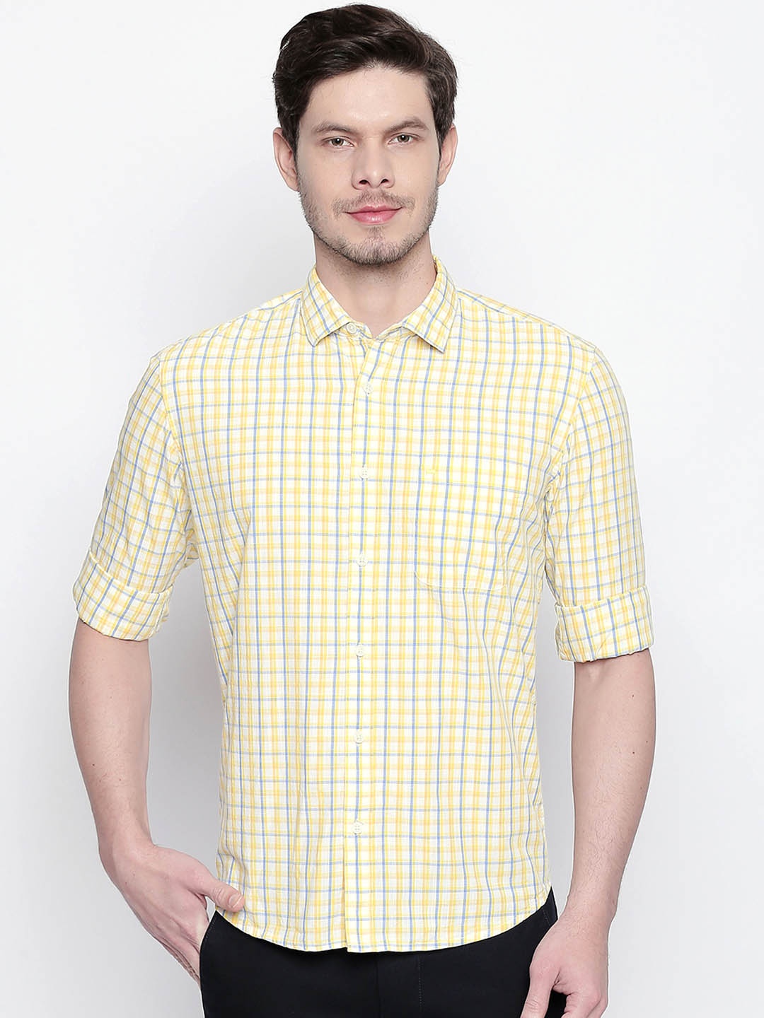 

Basics Men Yellow & Blue Slim Fit Checked Casual Shirt