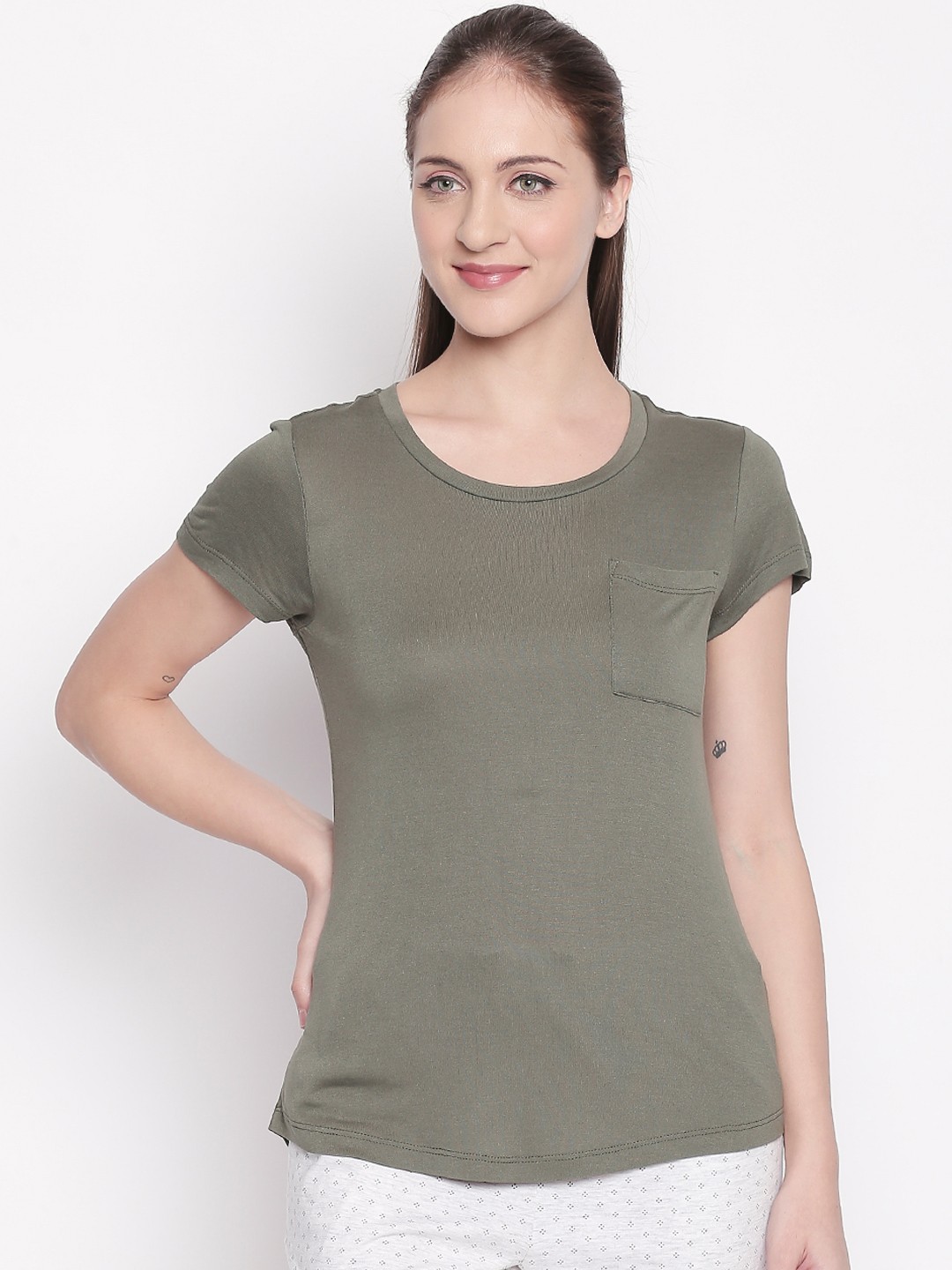 

Dreamz by Pantaloons Women Olive Green Solid Lounge tshirt