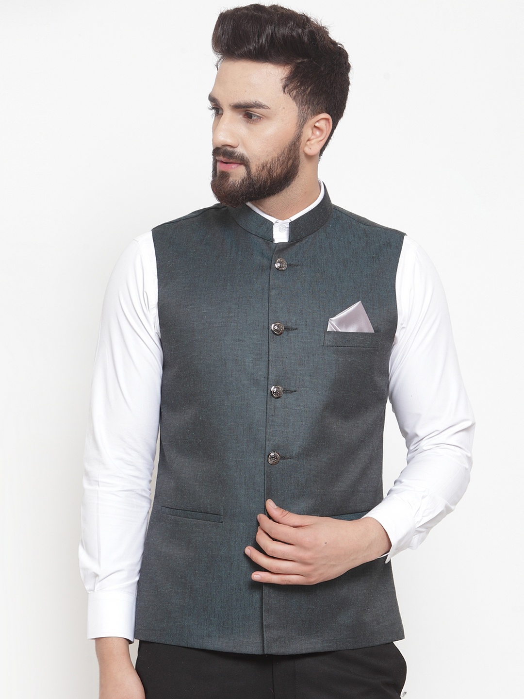 

LUXURAZI Men Green Solid Slim Fit Nehru Jacket